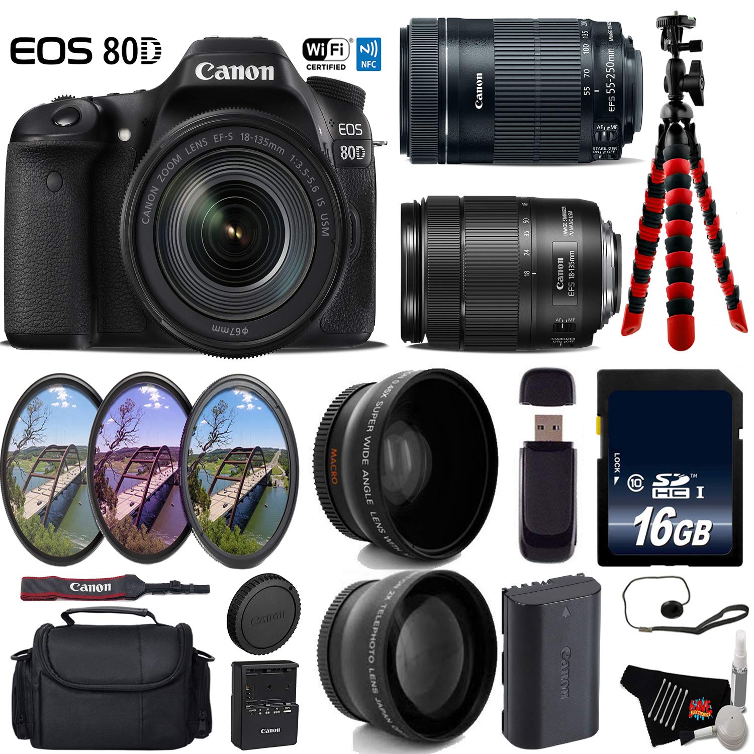 Canon EOS 80D DSLR Camera with 18-135mm is STM Lens & 55-250mm is STM Lens + UV FLD CPL Filter Kit Advanced Bundle