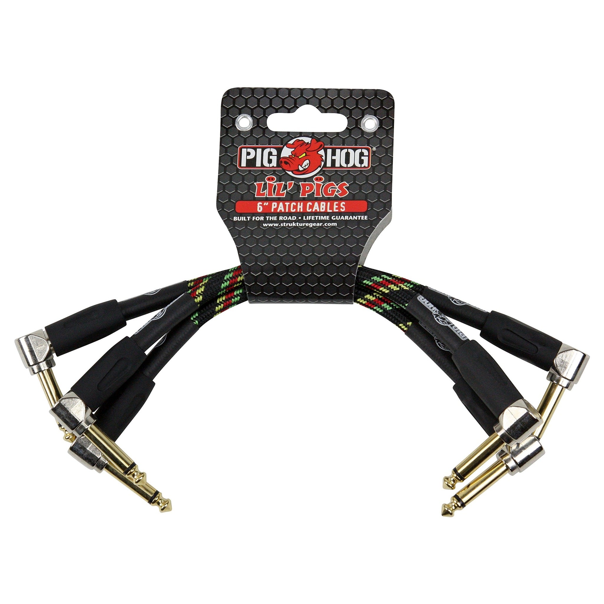 Pig Hog PHLIL6RA Lil' Pigs Right-Angle 1/4" Vintage Rasta Stripe Instrument Patch Cables, 6" 3 Pack Pig Hog