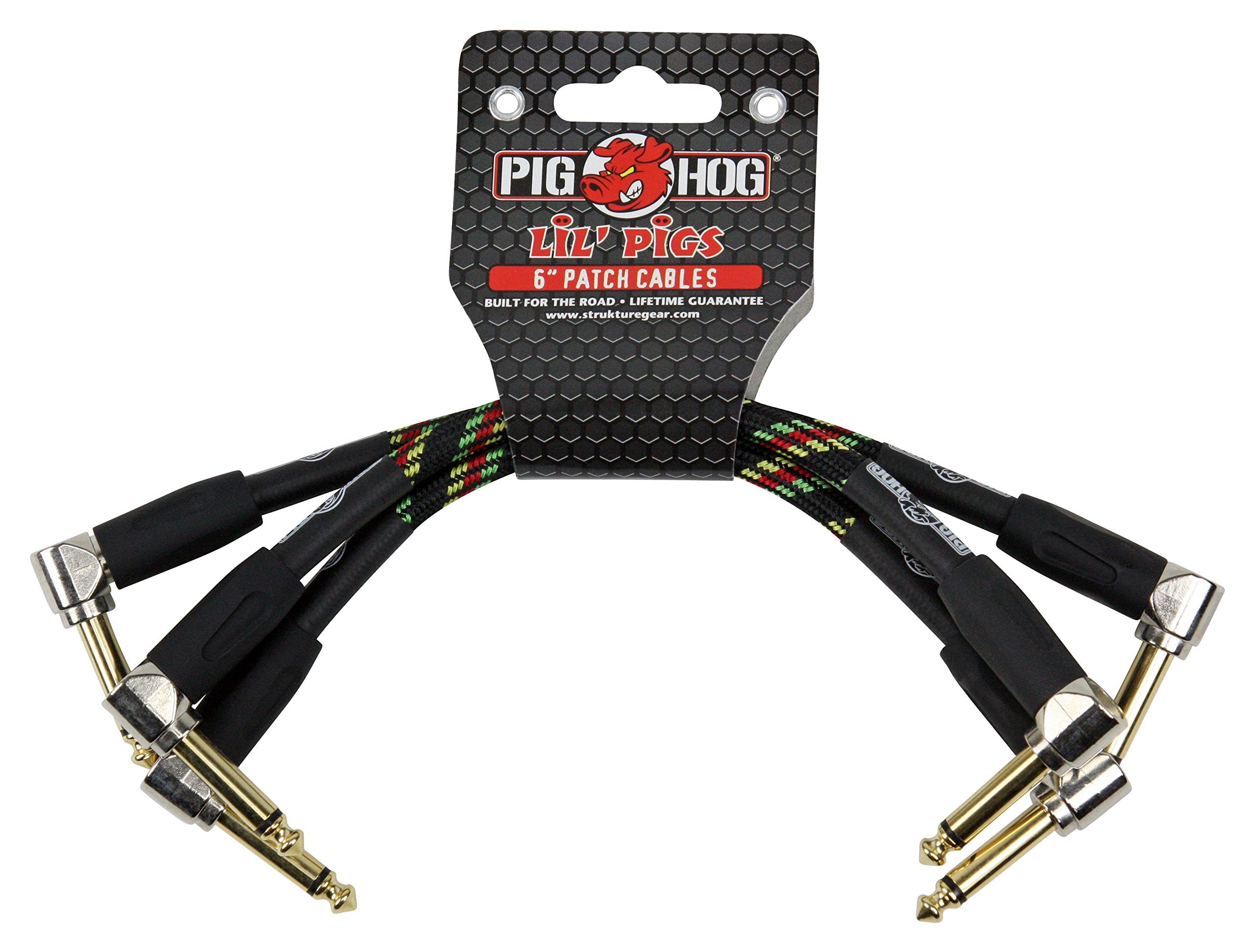 Pig Hog PHLIL6RA Lil' Pigs Right-Angle 1/4" Vintage Rasta Stripe Instrument Patch Cables, 6" 3 Pack