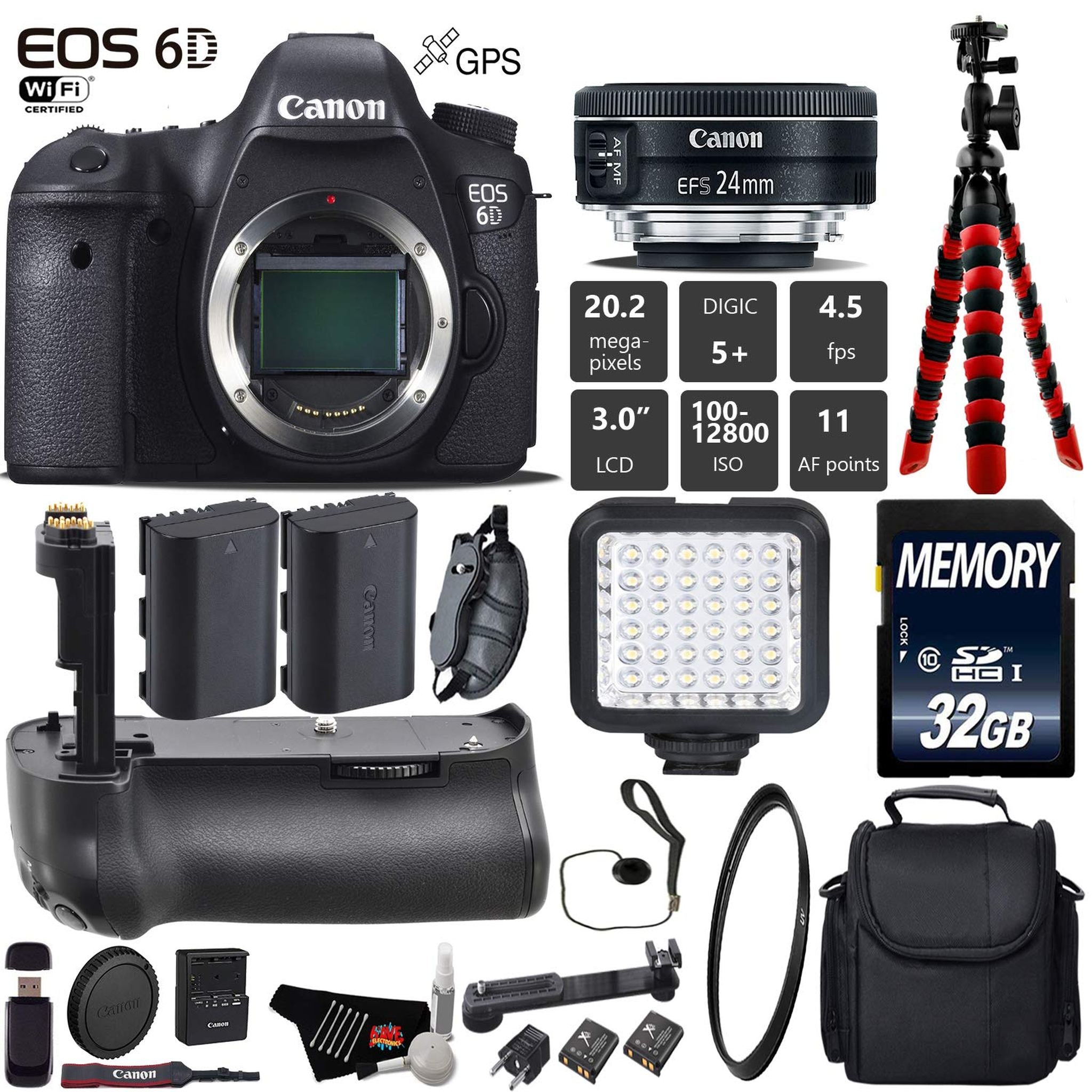 Canon EOS 6D DSLR Camera with 24mm f/2.8 STM Lens + Professional Battery Grip + UV Protection Filter + LED Kit + Extra B Canon