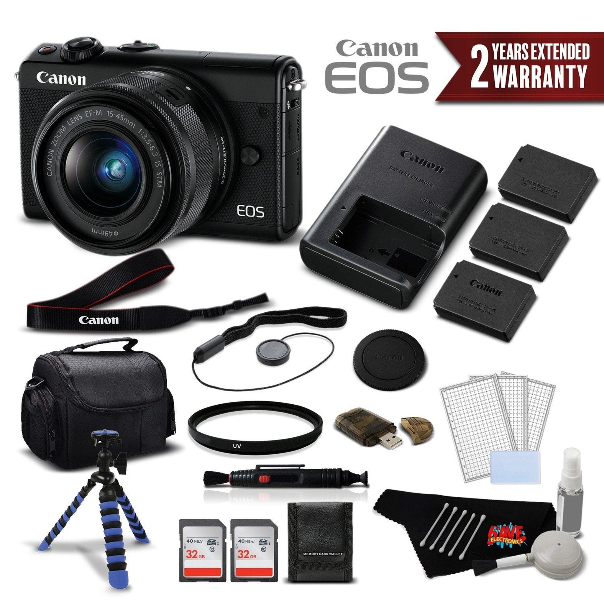 Canon EOS M100 Mirrorless Digital Camera with 15-45mm Lens Black 2209C011 International Version - Deluxe Bundle