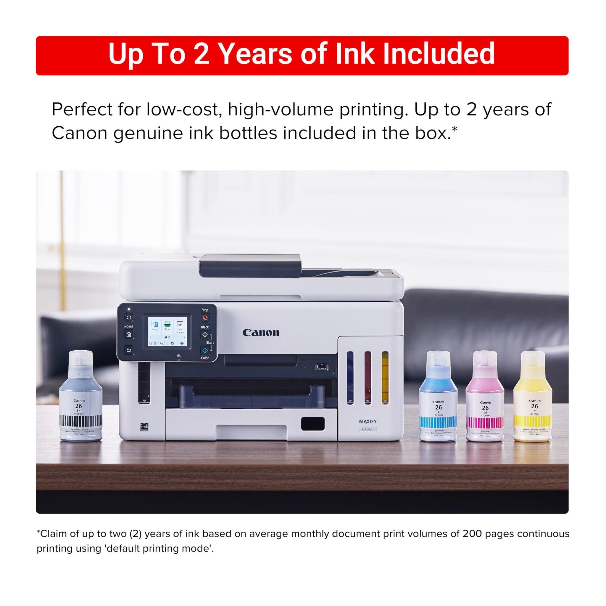 Canon Megatank GX6120 Wireless All-in-One Printer, Print, Scan and Copy, with 2.7" LCD Touch Screen and Auto Document Feeder, White