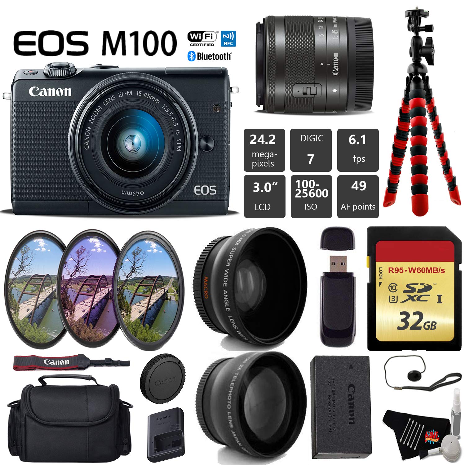 Canon EOS M100 Mirrorless Digital Camera (Black) with 15-45mm Lens + UV FLD CPL Filter Kit + Wide Angle & Telephoto Lens