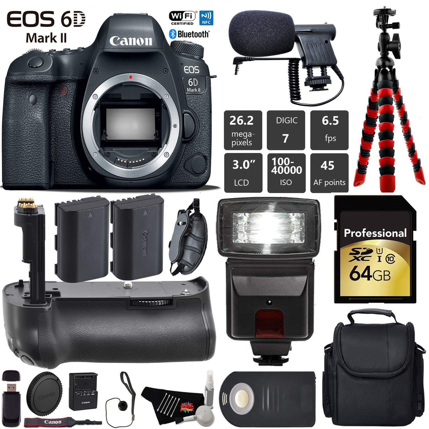 Canon EOS 6D Mark II DSLR Camera (Body Only) + Professional Battery Grip + Condenser Microphone + Flash + Extra Battery Pro Bundle