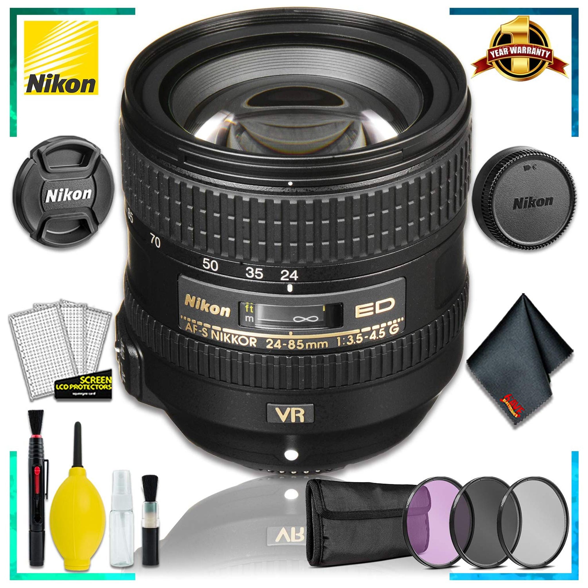 Nikon AF-S NIKKOR 24-85mm f/3.5-4.5G ED VR Lens + 3pcs UV Lens Filter Kit + Cleaning Kit Nikon