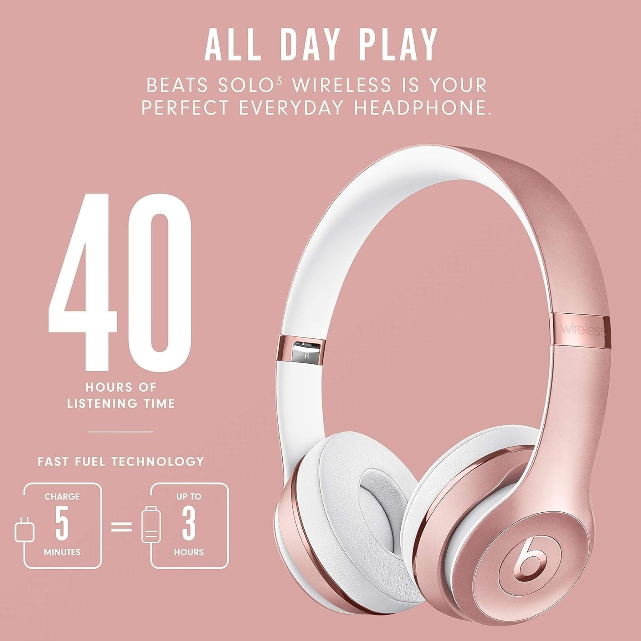 Beats Solo3 Wireless On-Ear Headphones - Apple W1 Headphone Chip, Class 1 Bluetooth, 40 Hours of Listening Time, Built-in Microphone - Rose Gold - Apple