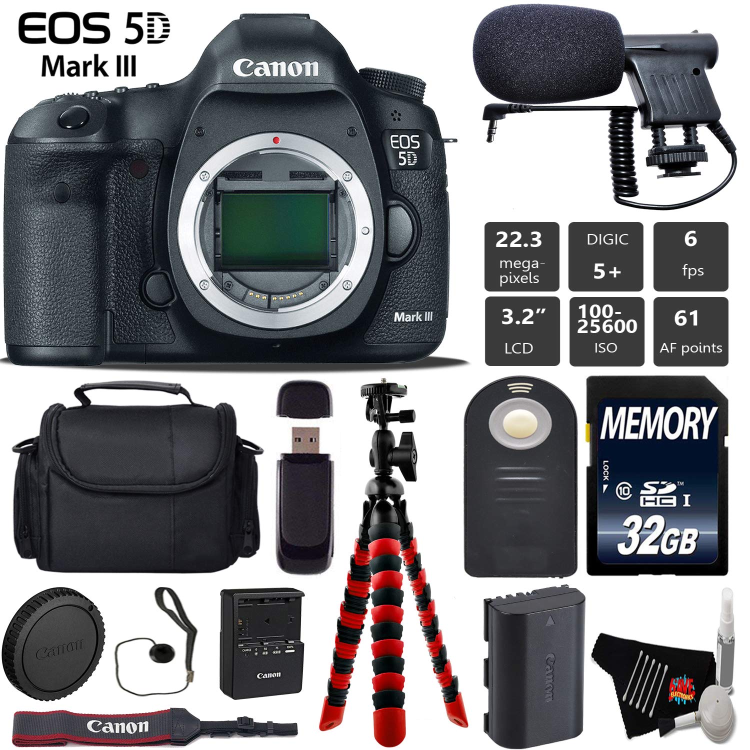 Canon EOS 5D Mark III DSLR Camera (Body Only) + Wireless Remote + Condenser Microphone + Case + Wrist Strap + Tripod Starter Bundle