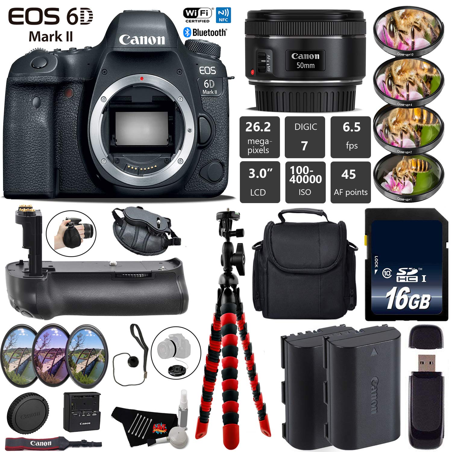 Canon EOS 6D Mark II DSLR Camera With 50mm 1.8 STM Lens + Professional Battery Grip + 4PC Macro Filter Kit + LED Kit Base Bundle