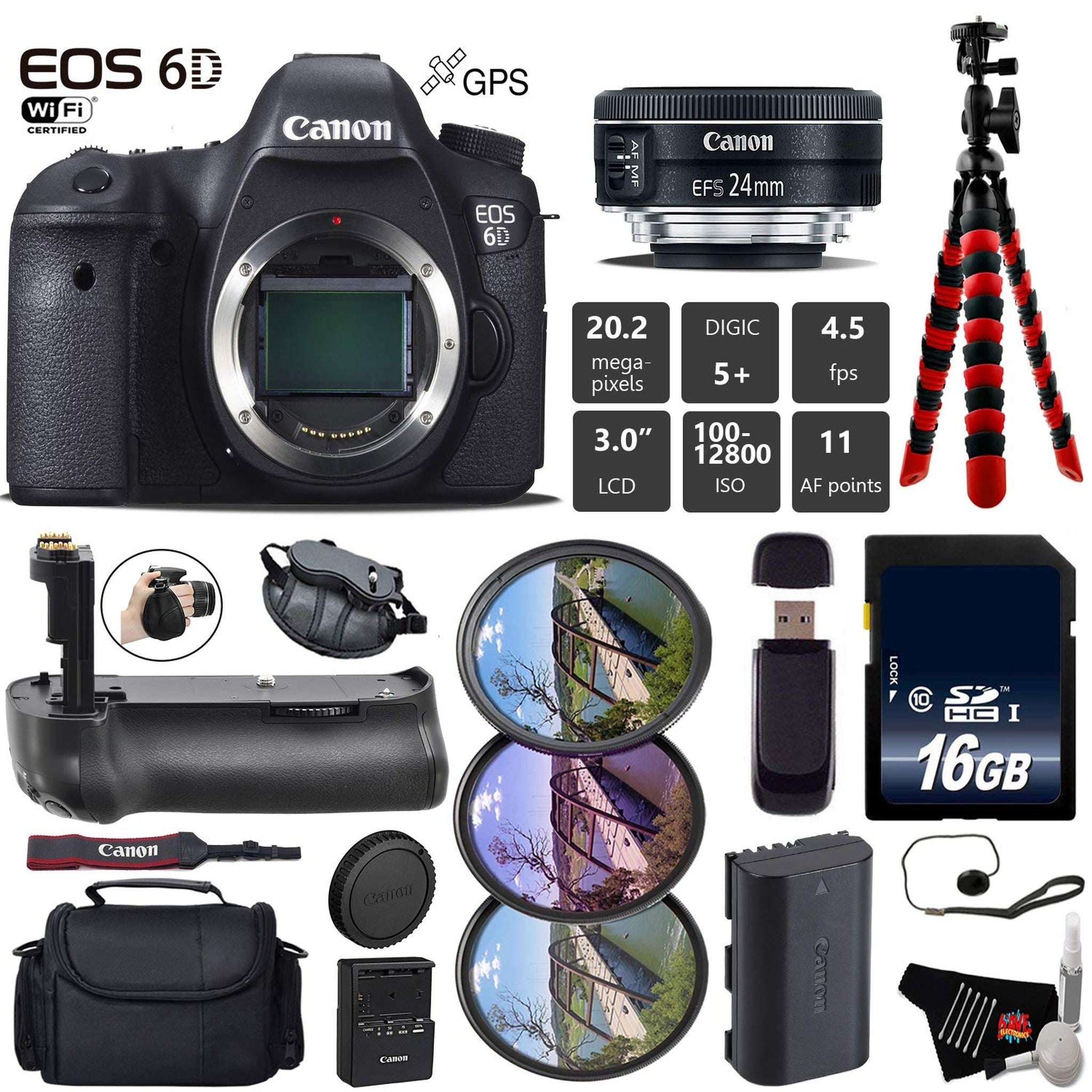 Canon EOS 6D DSLR Camera with 24mm f/2.8 STM Lens + Professional Battery Grip + UV FLD CPL Filter Kit + Case + Wrist Str Canon