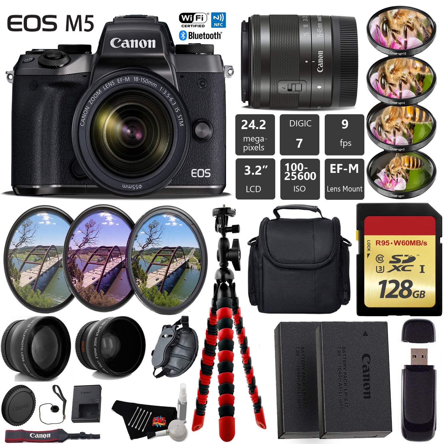 Canon EOS M5 Mirrorless Digital Camera with EF-M 15-45mm IS STM Lens + UV FLD CPL Filter Kit + 4 PC Macro Kit Advanced Bundle