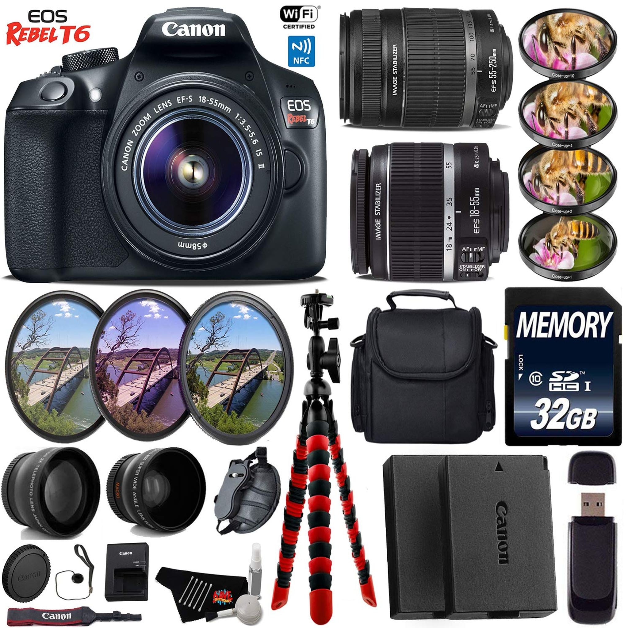 Canon EOS Rebel T6 DSLR Camera + 18-55mm is Lens & 55-250mm is II Lens + UV FLD CPL Filter Kit + 4 PC Macro Kit + Wide A Canon