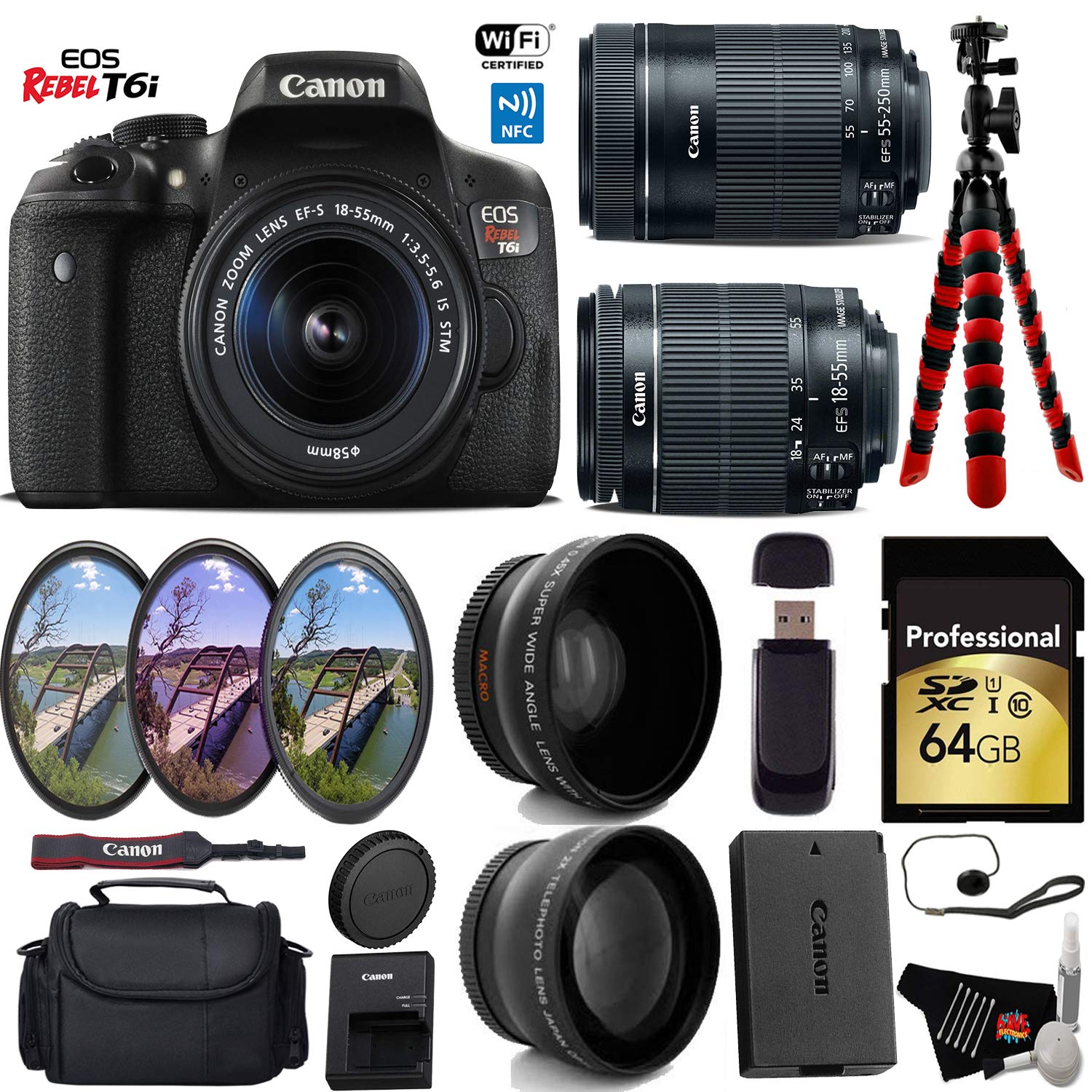 Canon EOS Rebel T6i DSLR Camera with 18-55mm is STM Lens & 55-250mm is STM Lens + UV FLD CPL Filter Kit + Wide Angle & T