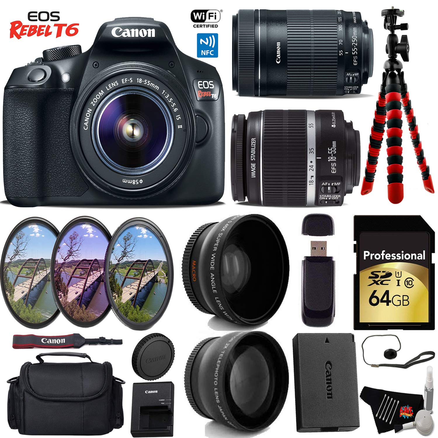 Canon EOS Rebel T6 DSLR Camera 18-55mm is Lens & 55-250mm is STM Lens + UV FLD CPL Filter Kit + Wide Angle & Telephoto L
