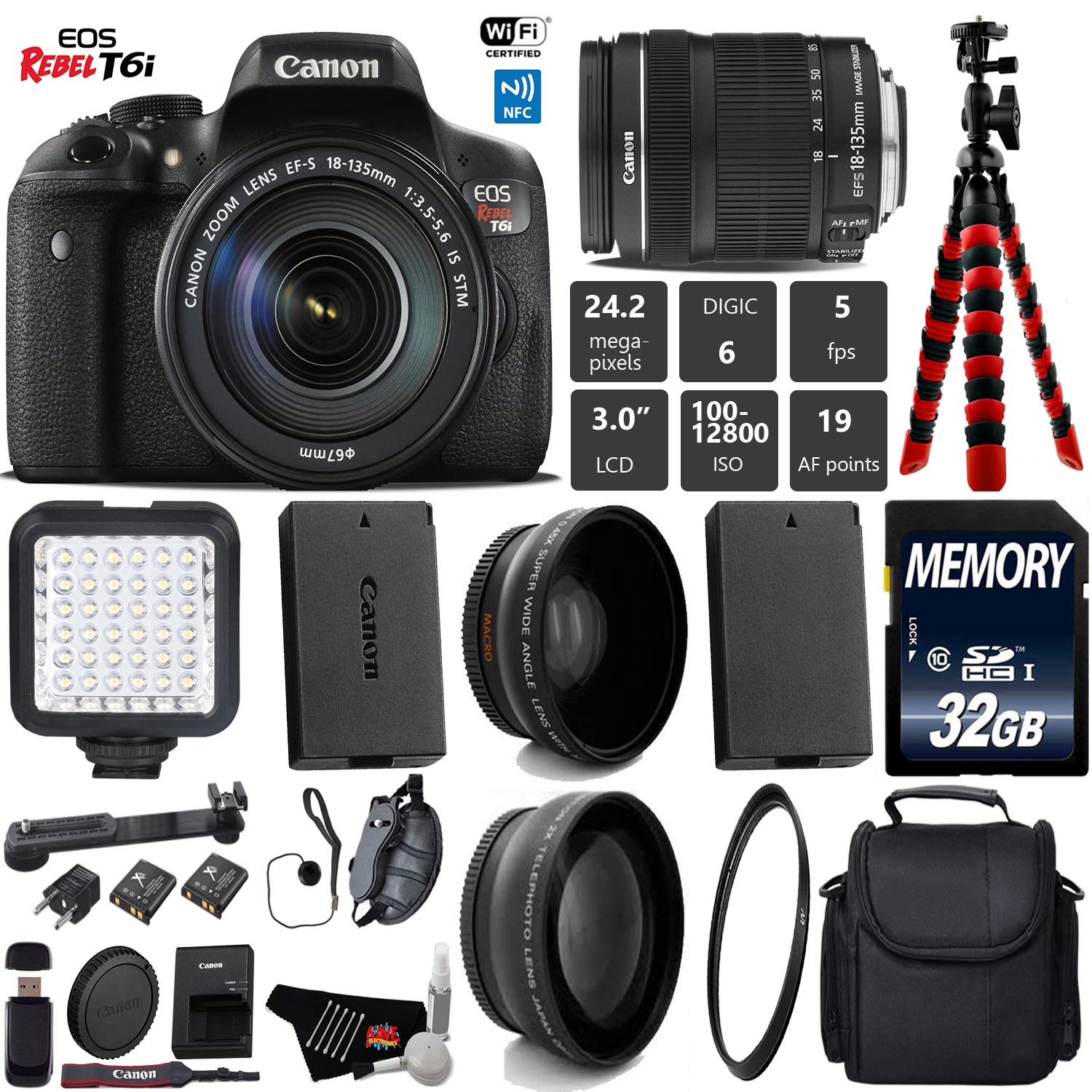 Canon EOS Rebel T6i DSLR Camera with 18-135mm is STM Lens + LED + UV FLD CPL Filter Kit + Wide Angle & Telephoto Lens +