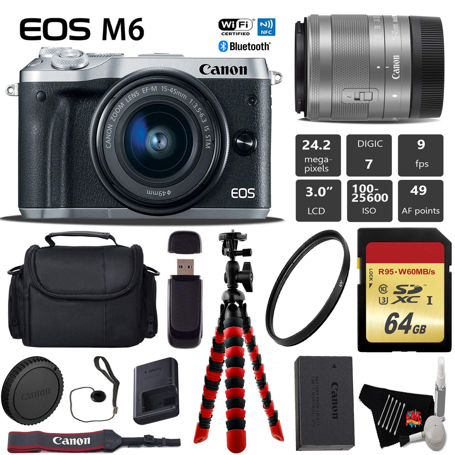 Canon EOS M6 Mirrorless Digital Camera Silver with EF-M 15-45mm is STM Lens + Flexible Tripod + UV Protection Filter +