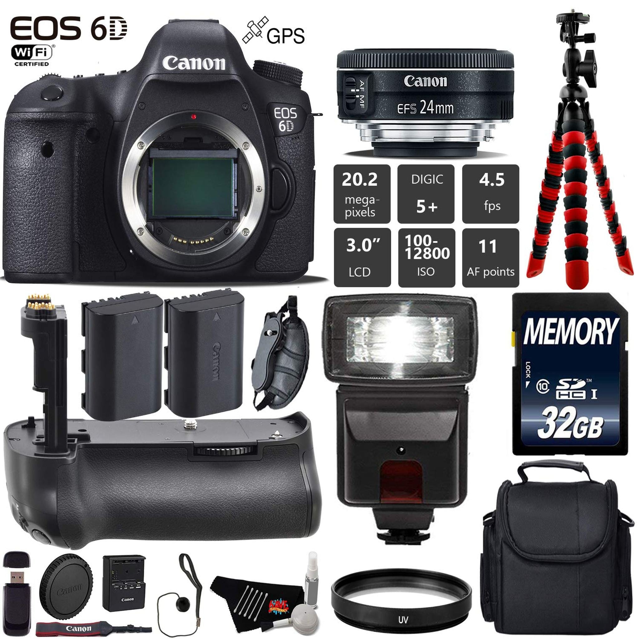 Canon EOS 6D DSLR Camera with 24mm f/2.8 STM Lens + Professional Battery Grip + UV Protection Filter + Flash + Extra Bat Canon