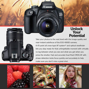 Canon EOS 4000D DSLR Camera and EF-S 18-55 mm f/3.5-5.6 Lens International Version No Warranty + 32GB Memory Card + Camera Bag + MiniTripod