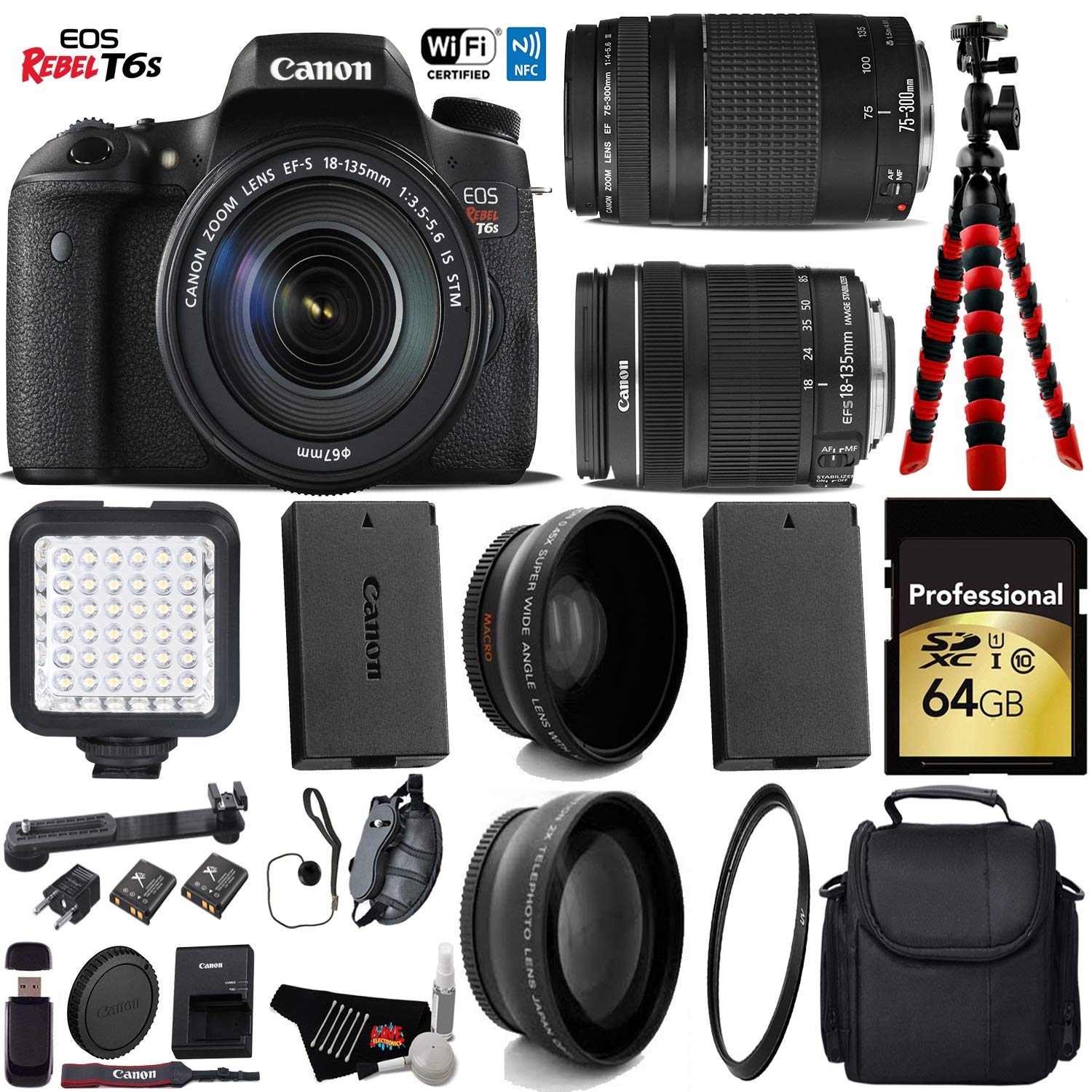 Canon EOS Rebel T6S DSLR Camera with 18-135mm is STM Lens & 75-300mm III Lens + LED + UV FLD CPL Filter Kit Ultimate Bundle