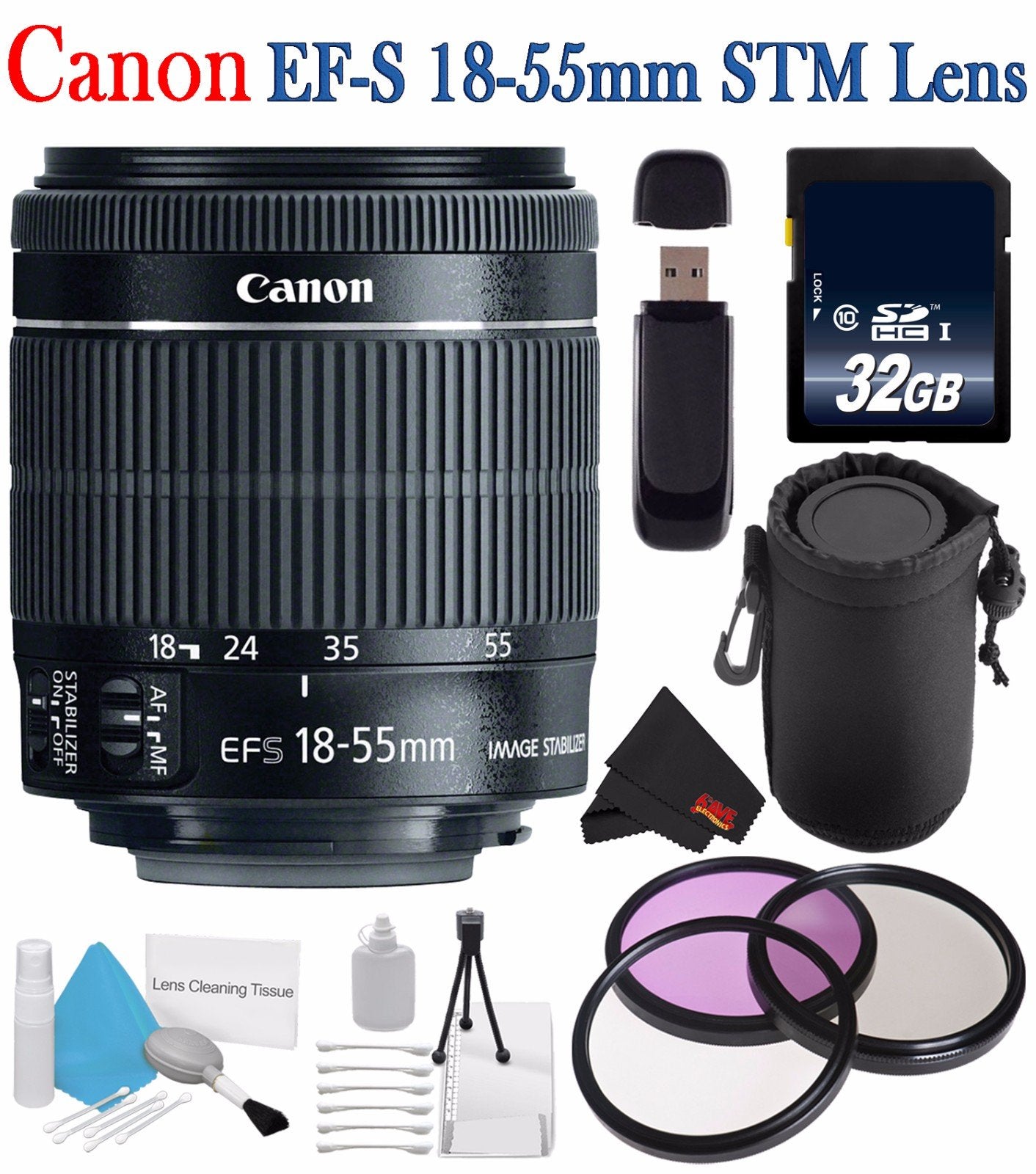 Canon EF-S 18-55mm f/3.5-5.6 IS STM Lens 8114B002 + 58mm 3 Piece Filter Kit + SD Card USB Reader + Deluxe Lens Pouch Bundle