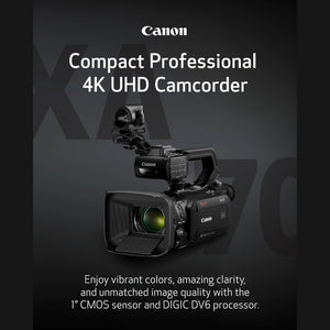 Canon XA70 Pro Camcorder 1" 4K UHD CMOS Sensor, Dual-Pixel CMOS AF, 15x Optical Zoom, 600x Digital Zoom, Image Stabilization, HDMI, USB Live Streaming, Time Stamp On-Screen Disp. Recording, XLR Inputs