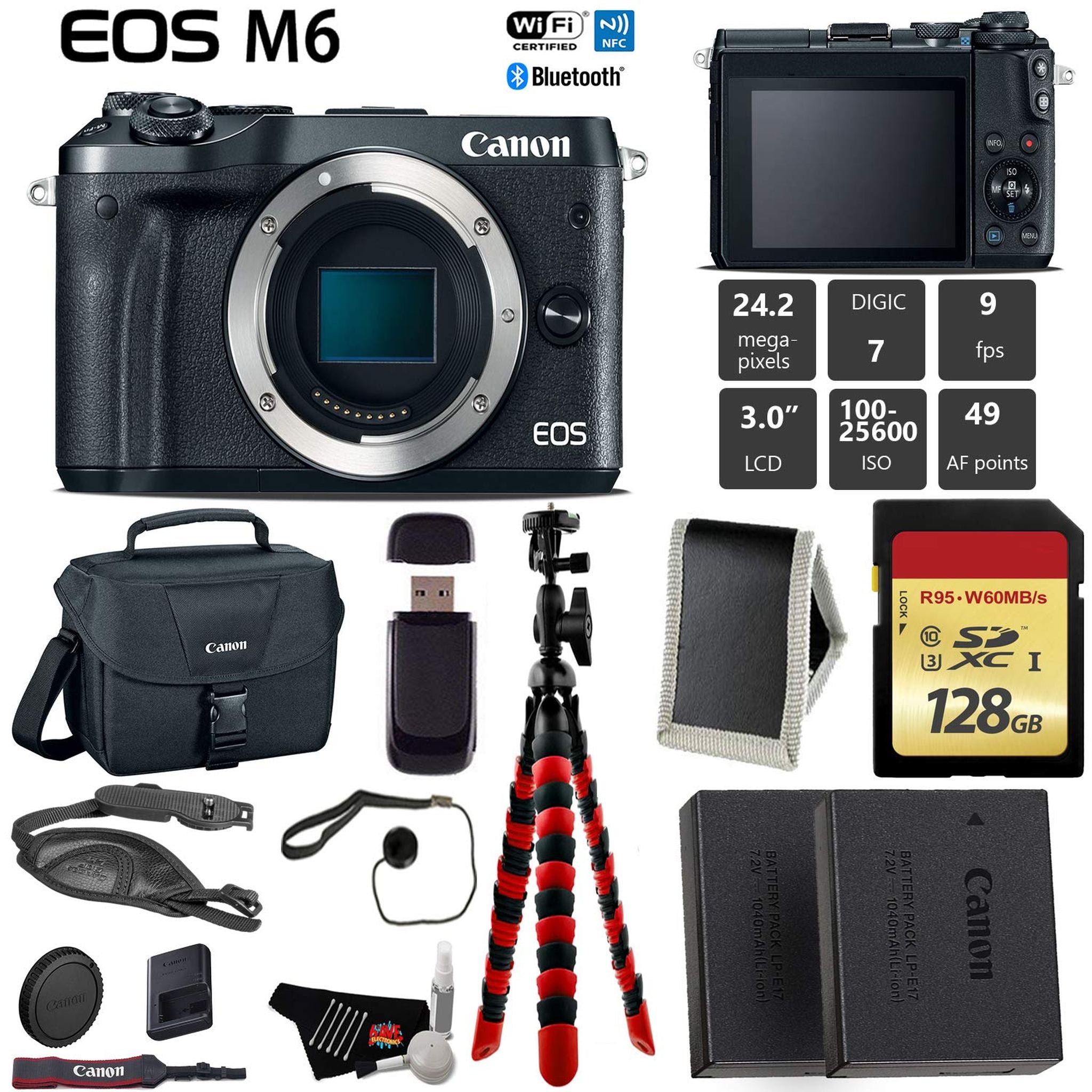 Canon EOS M6 Mirrorless Digital Camera Black, Body Only + 128GB Class 10 Memory Card + LED + Canon Camera Case + Flexi Canon