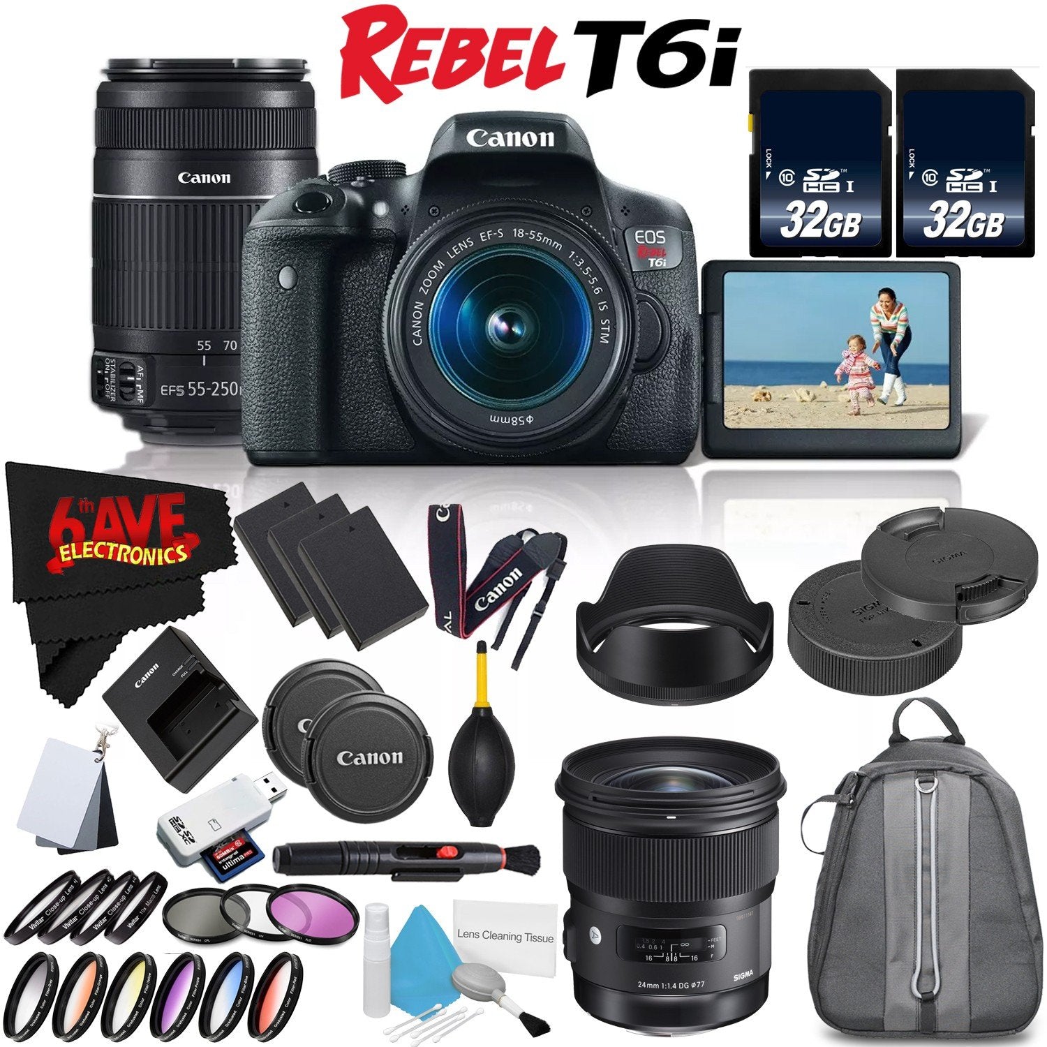 6Ave Canon EOS Rebel T6i DSLR Camera 18-55mm Lens, 55-250mm Lens Sigma 24mm Art - 3 Lens Combo International Model