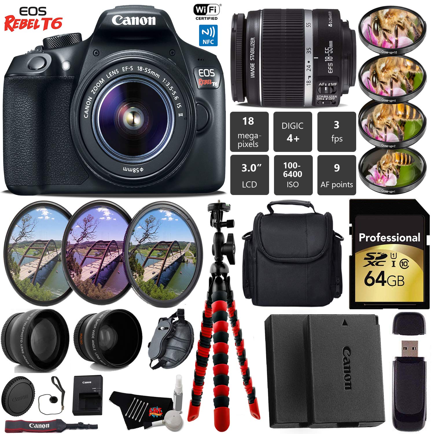 Canon EOS Rebel T6 DSLR Camera with 18-55mm is II Lens + UV FLD CPL Filter Kit + 4 PC Macro Kit + Wide Angle & Telephoto Pro Bundle