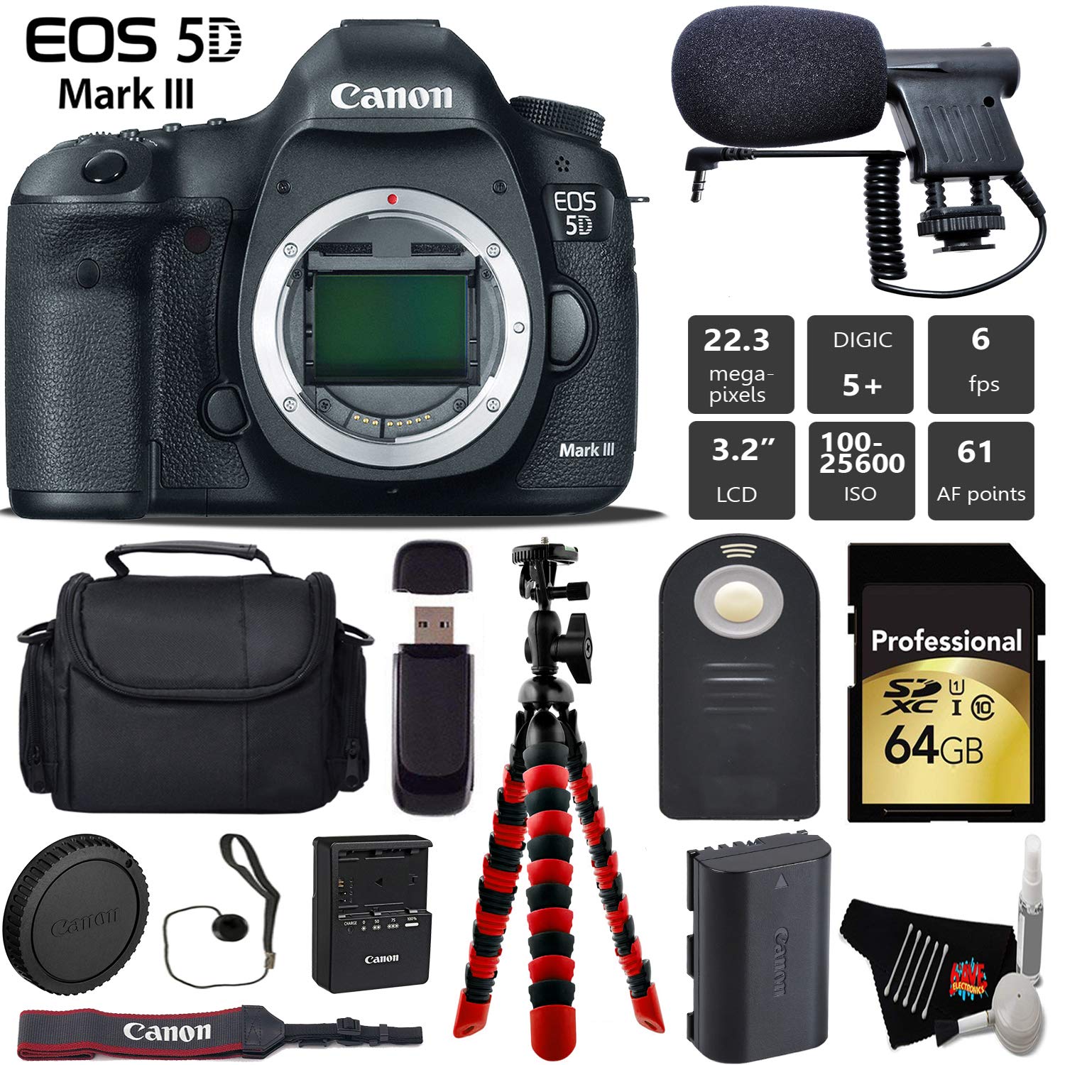 Canon EOS 5D Mark III DSLR Camera (Body Only) + Wireless Remote + Condenser Microphone + Case + Wrist Strap + Tripod Pro Bundle