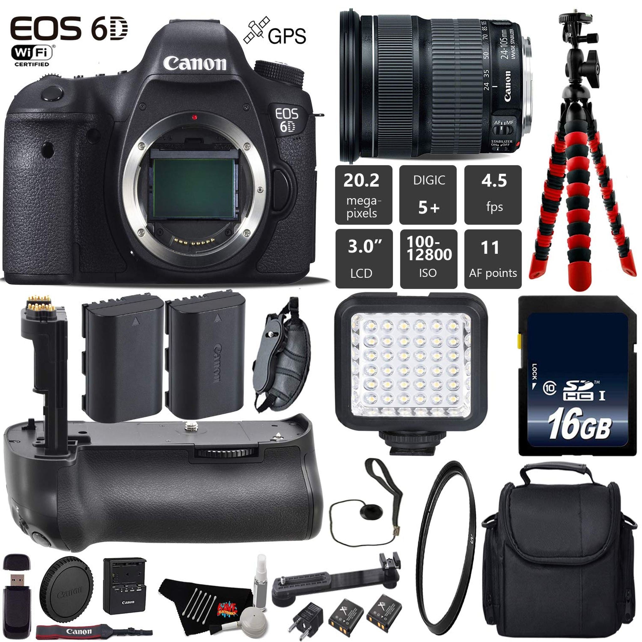 Canon EOS 6D DSLR Camera with 24-105mm is STM Lens + Professional Battery Grip + UV Protection Filter + LED Kit + Extra Canon