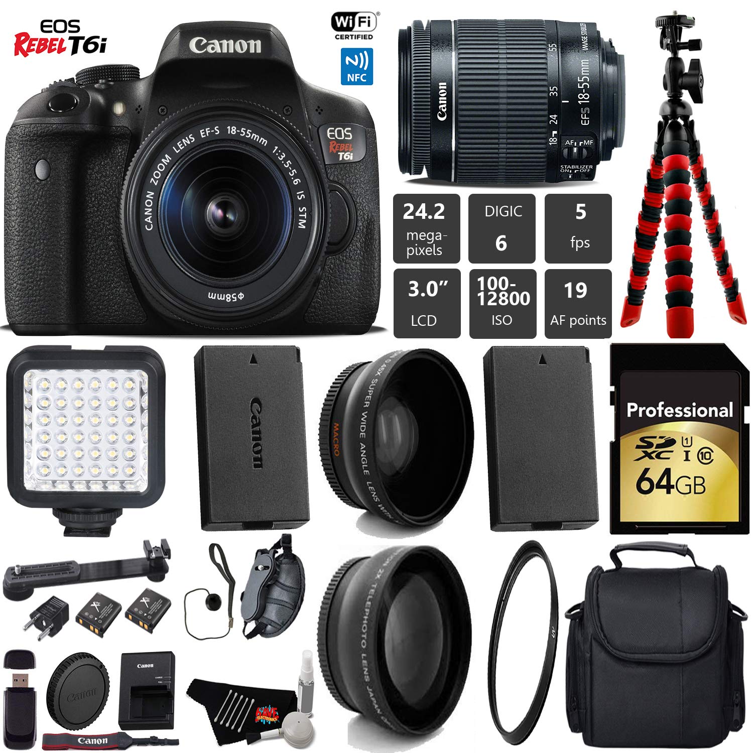 Canon EOS Rebel T6i DSLR Camera 18-55mm is STM Lens + LED + UV FLD CPL Filter Kit + Wide Angle & Telephoto Lens + Camera