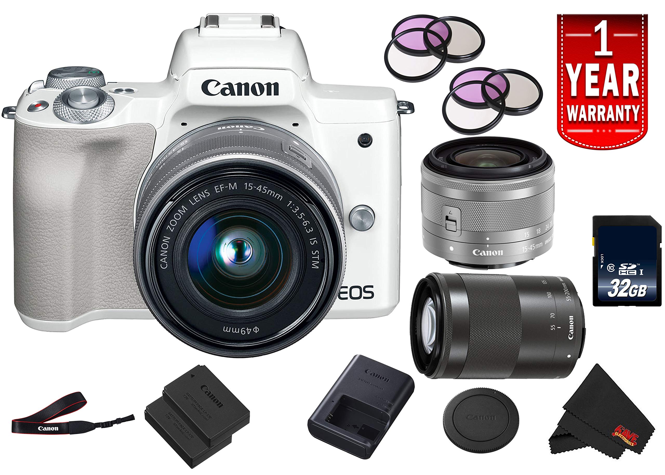 Canon EOS M50 Mirrorless Digital Camera International Model w/ 15-45mm is STM and 55-200mm is STM Lenses White
