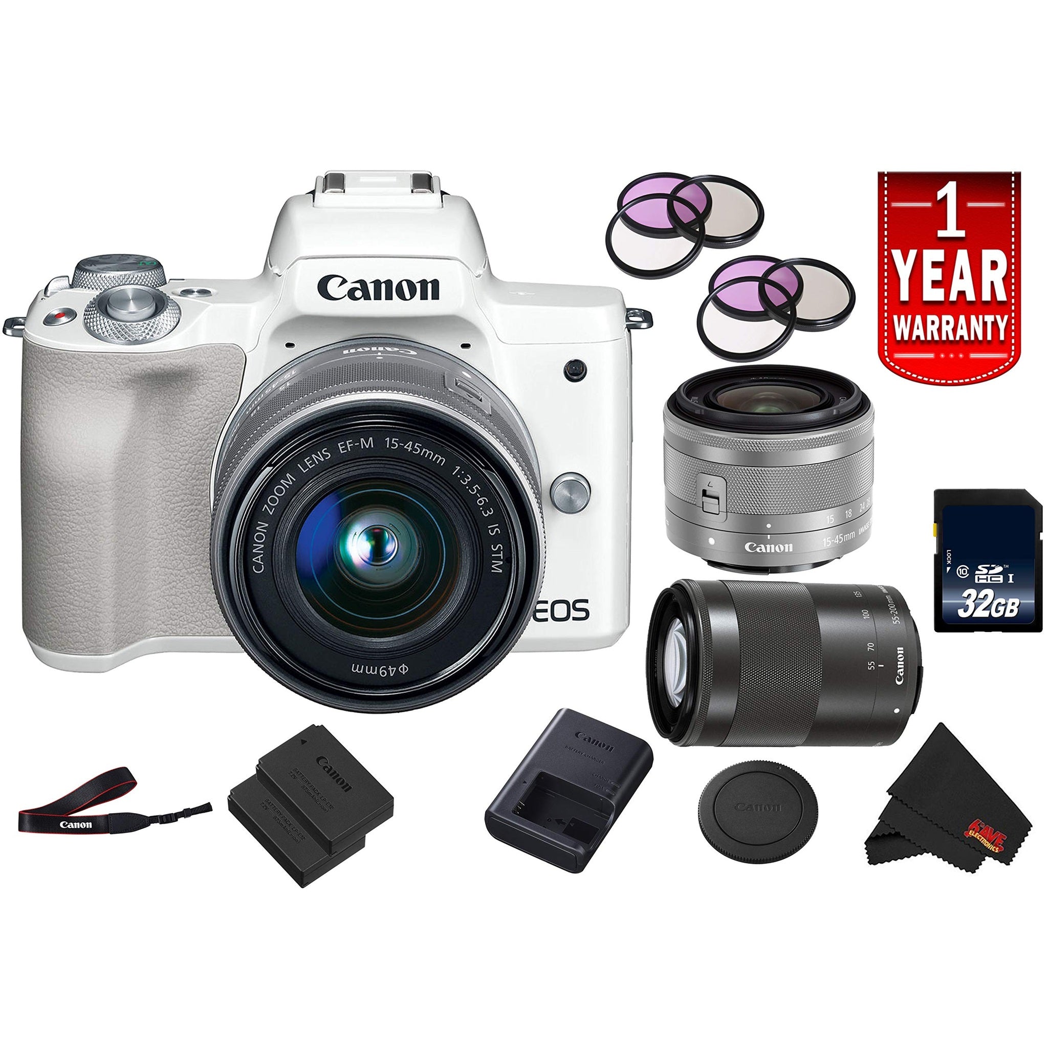 Canon EOS M50 Mirrorless Digital Camera International Model w/ 15-45mm is STM and 55-200mm is STM Lenses White