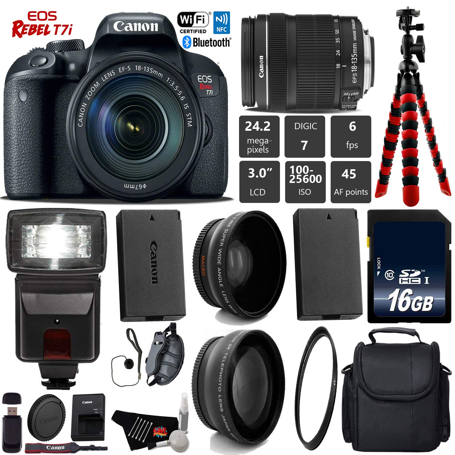 Canon EOS Rebel T7i DSLR Camera with 18-135mm is STM Lens + Flash Pro Bundle