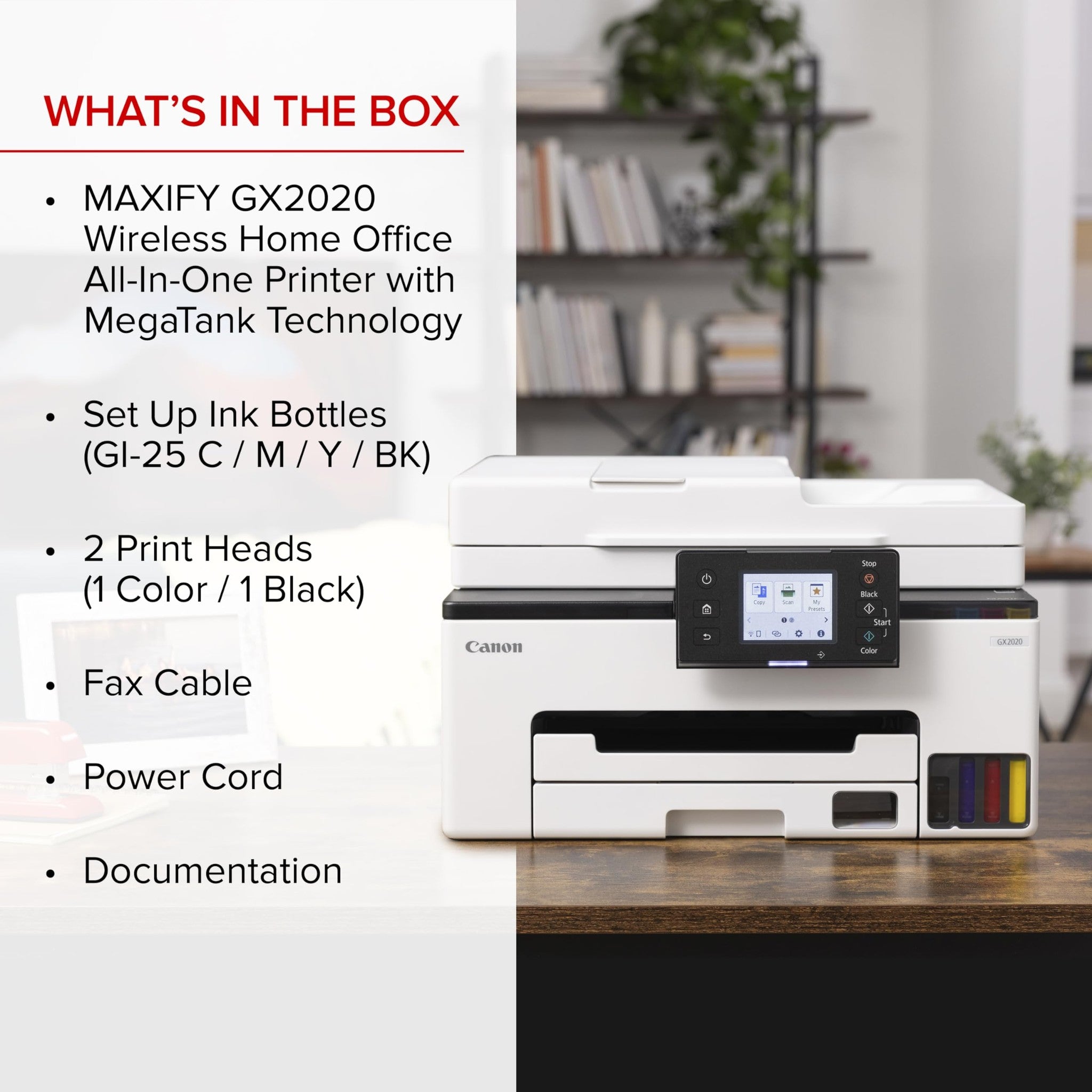 Canon MegaTank MAXIFY GX2020 All-in-One Wireless Color Printer - Print, Copy, Scan with Duplex Printing - Refillable Tank System, Compact Desktop Design - Wireless Print Scan Copy for Home & Office