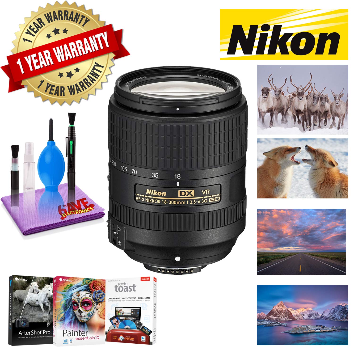 NIKON 18-300MM F/3.5-6.3G ED AF-S DX VR Lens with 1 Year Warranty and Corel Mac Photo Essentials Software Bundle