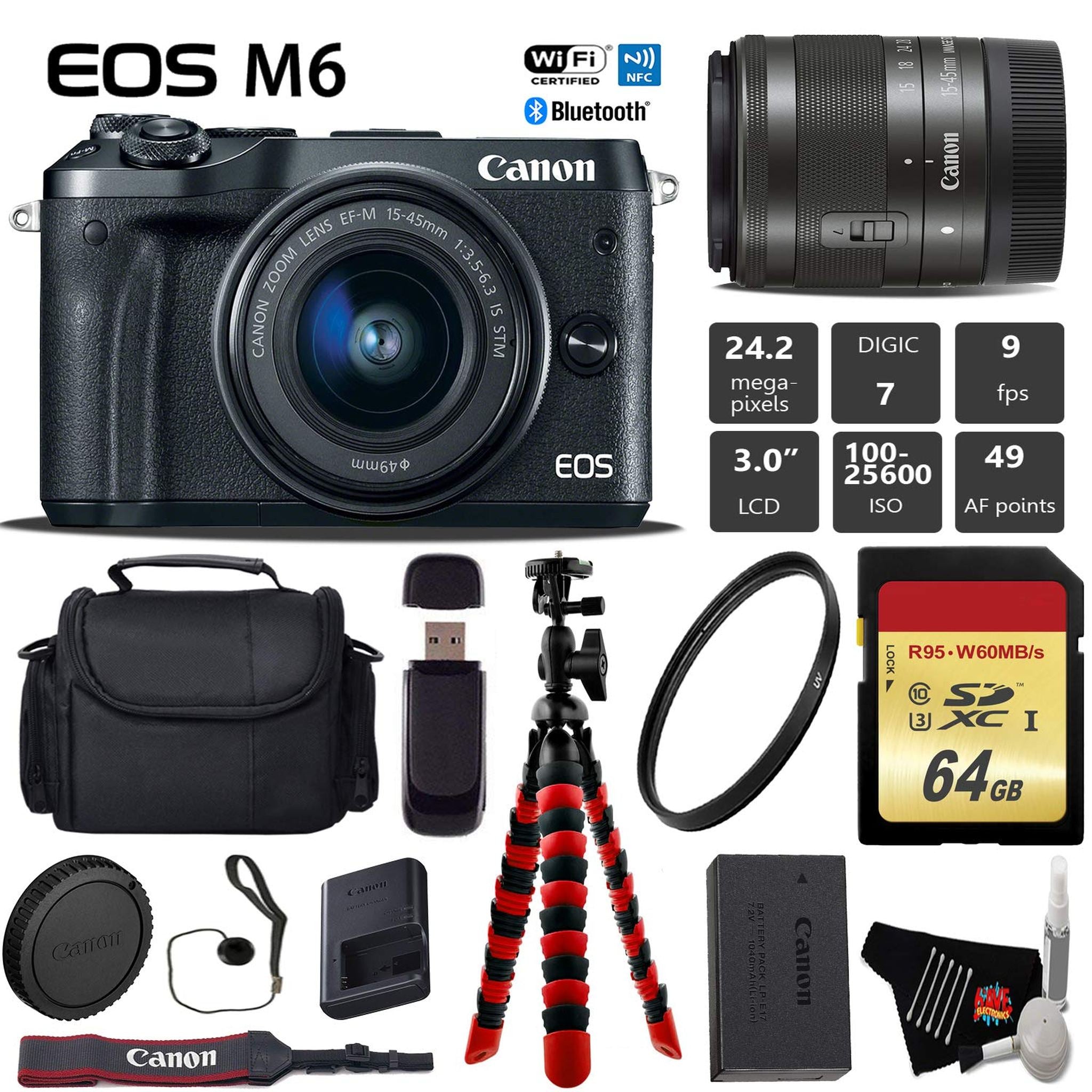 Canon EOS M6 Mirrorless Digital Camera with EF-M 15-45mm is STM Lens + Flexible Tripod + UV Protection Filter + Professi Canon
