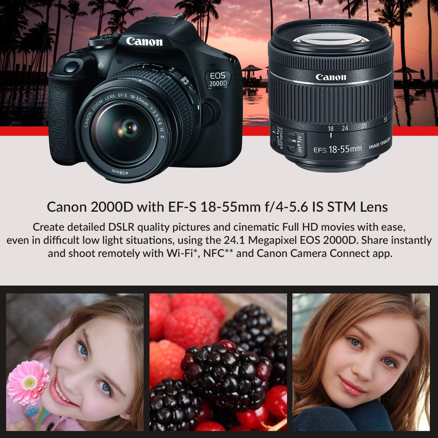 Canon EOS 2000D / Rebel T7 DSLR Camera and EF-S 18-55mm f/3.5-5.6 IS DC III Lens + 32GB Memory Card + Camera Bag + Cleaning Kit + Table Tripod + Filters - Intl Model