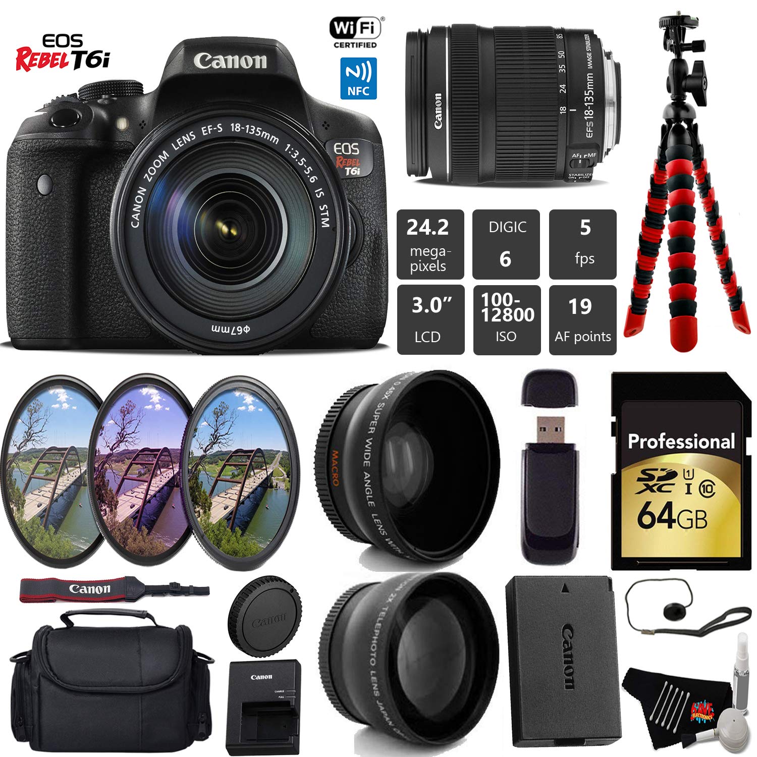 Canon EOS Rebel T6i DSLR Camera with 18-135mm is STM Lens + UV FLD CPL Filter Kit + Wide Angle & Telephoto Lens + Camera