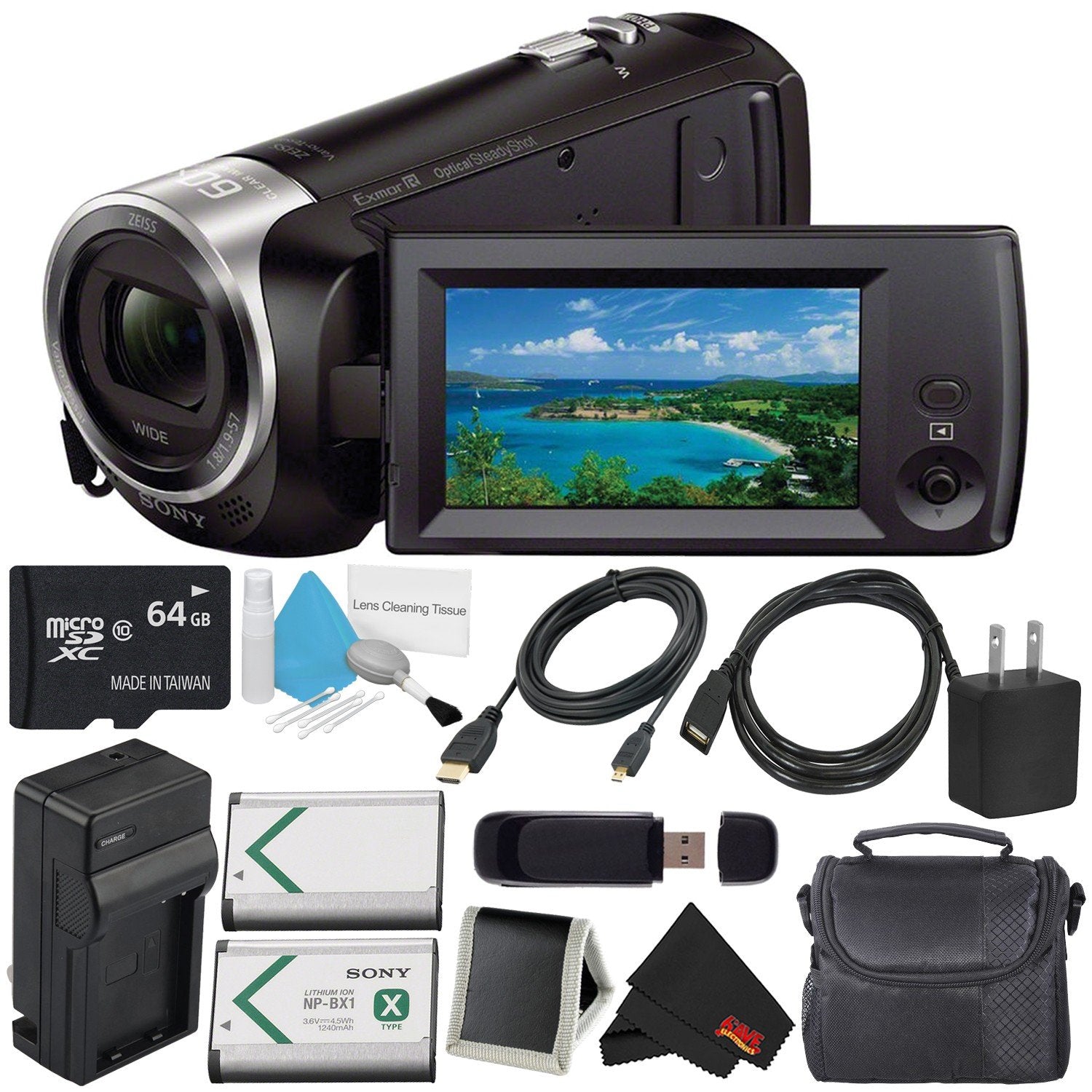 Sony HDR-CX405 HD Handycam HDRCX405/B + 64GB microSDXC + Carrying Case + Deluxe Cleaning Kit Bundle