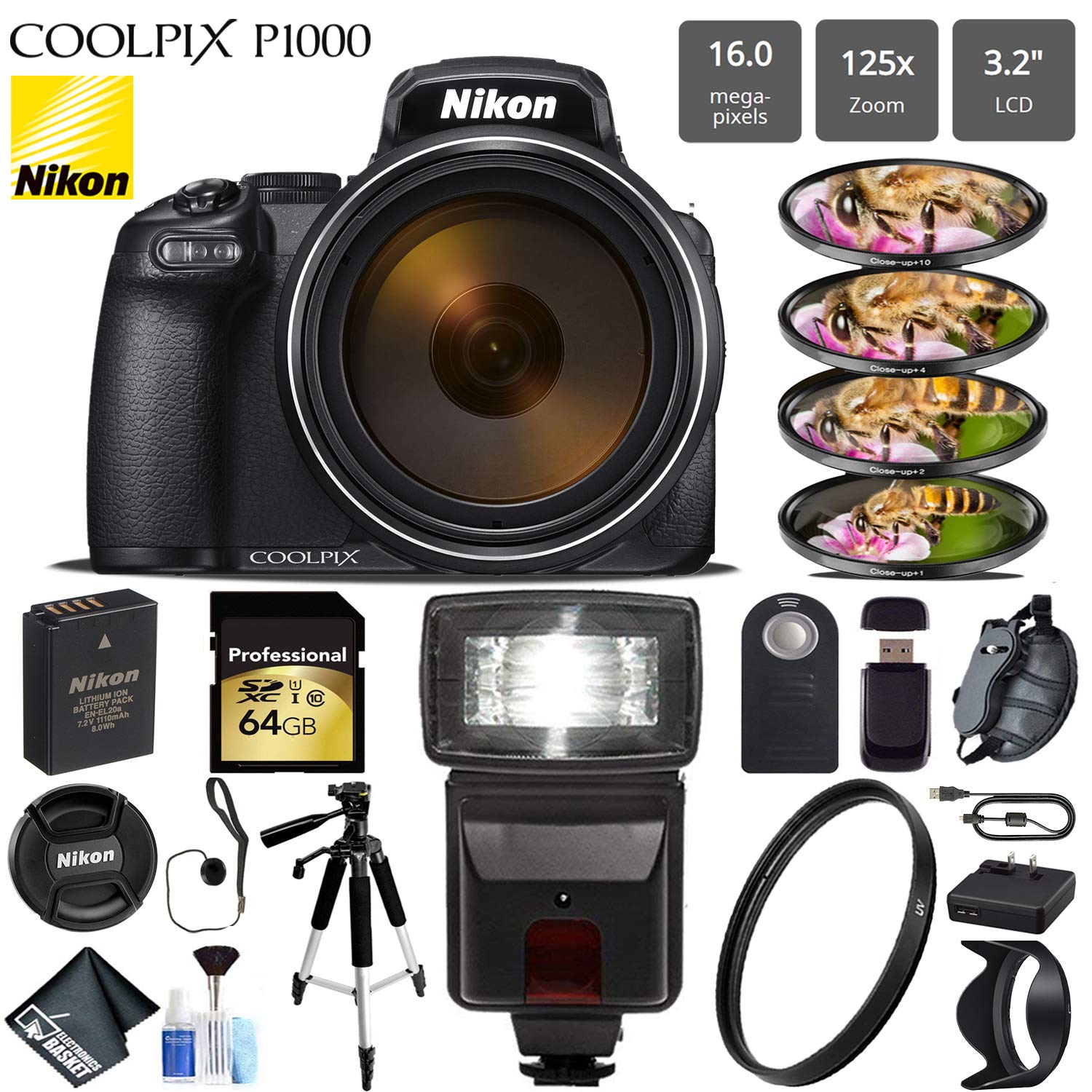 Nikon COOLPIX P1000 Digital Camera 16MP 125x Optical Zoom & Build in Wi-Fi + Slave Flash + Macro Filter Kit + UV Protection Filter + Wireless Remote + Tripod - (Intl Model)