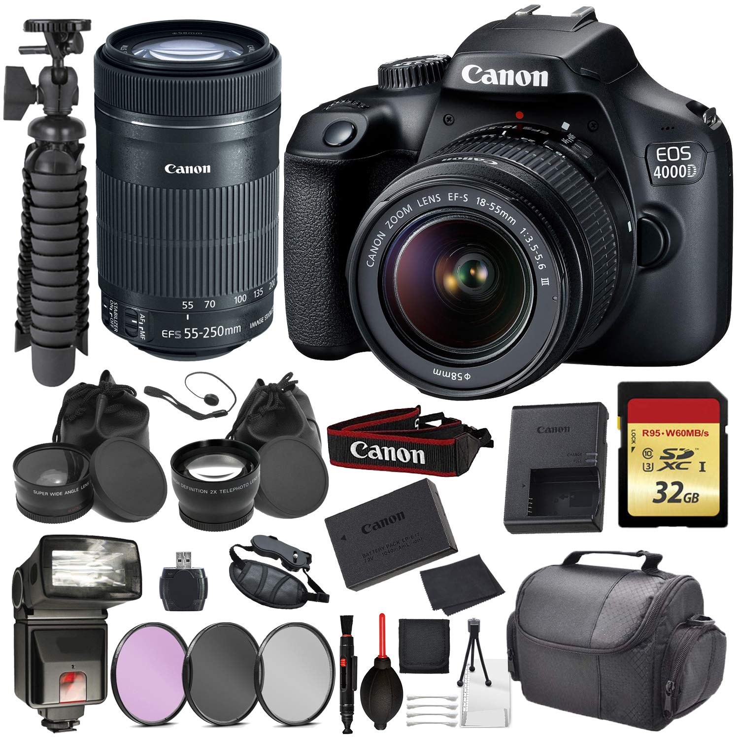 Canon EOS Rebel 4000D Digital SLR Camera with EF-S 18-55mm + EF-S 55-250mm STM (Black) Essential Accessory Bundle Packag