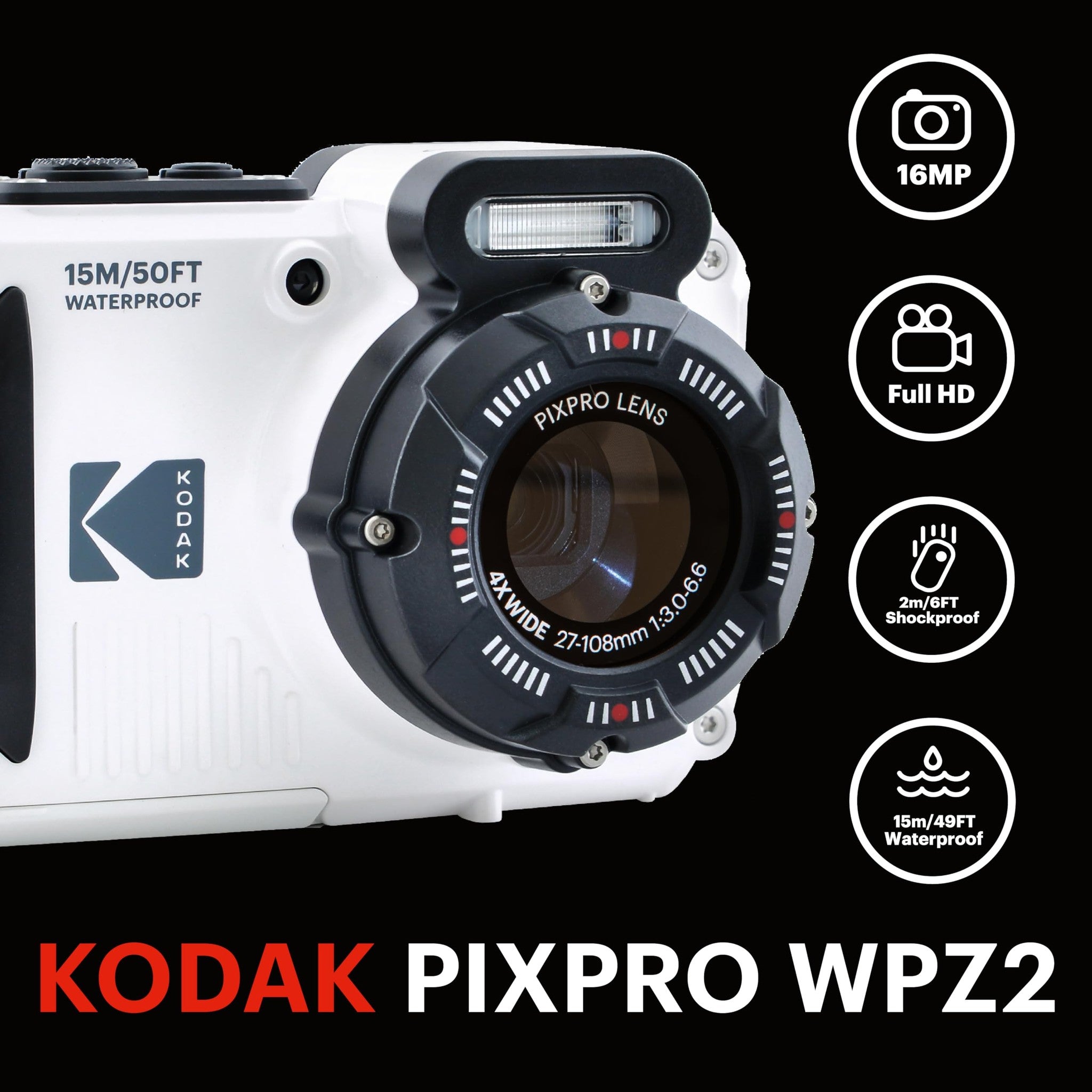 Kodak Pixpro WPZ2 - Compact Digital Camera 16M Pixels, Waterproof to 15m, Shockproof, Video 720p, LCD Screen 2.7 - Li-ion Battery, White