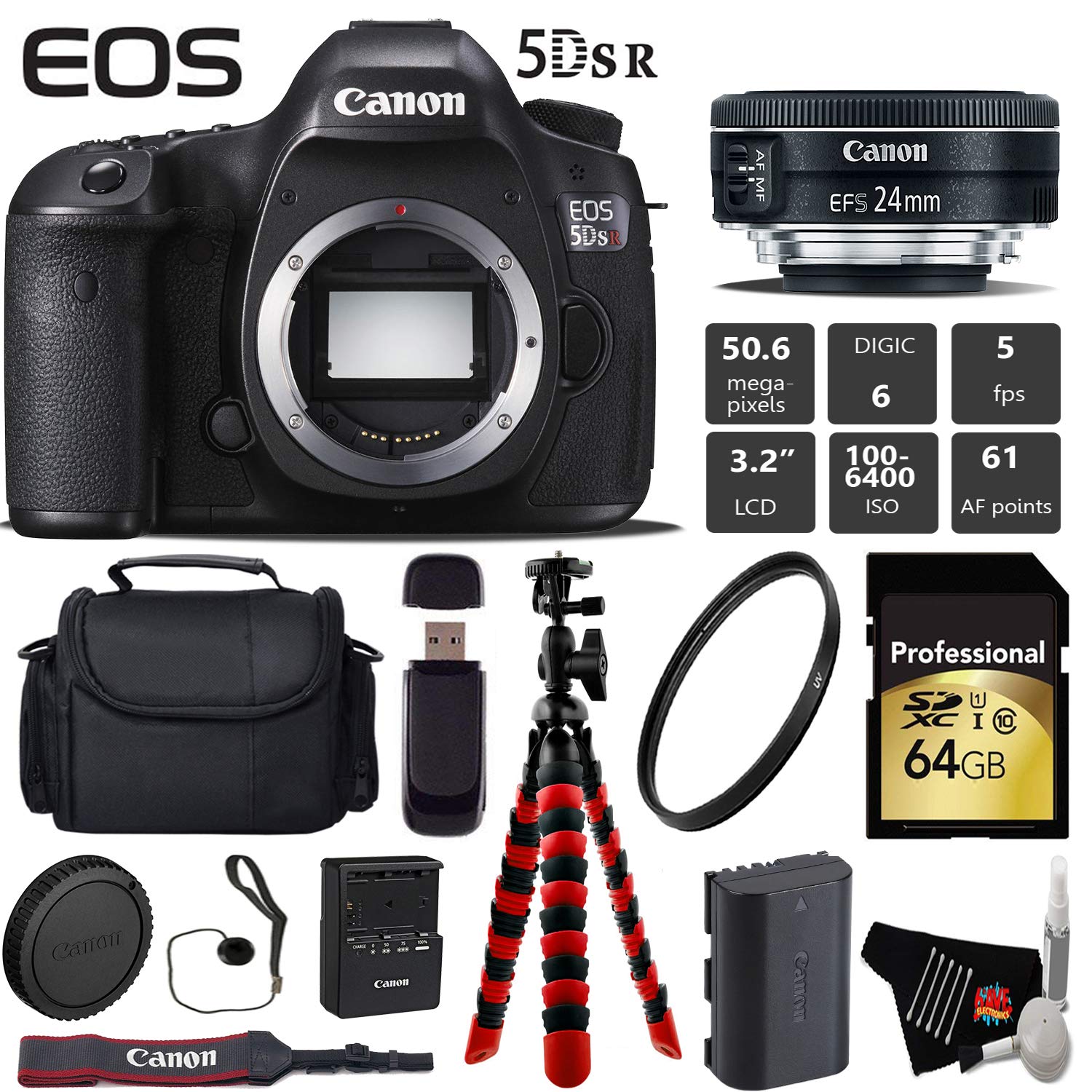 Canon EOS 5DS R DSLR Camera with 24mm f/2.8 STM Lens + Wireless Remote + UV Protection Filter + Case + Wrist Strap + Tri