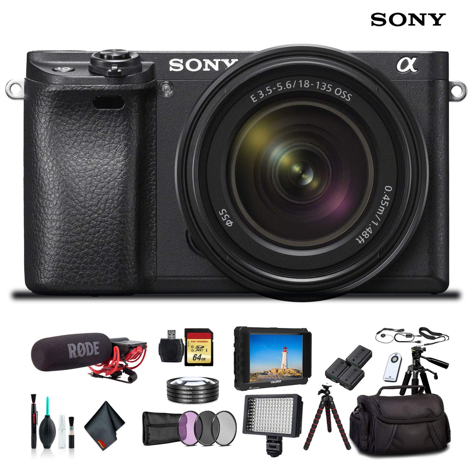 Sony Alpha a6300 Mirrorless Camera W/ 18-135mm Lens ILCE-6300M/B, Lens Filters, 2x Extra Batteries, Rode Mic, LED Light, External HD Monitor, 2x 64GB Memory Card, Plus Essential Accessories