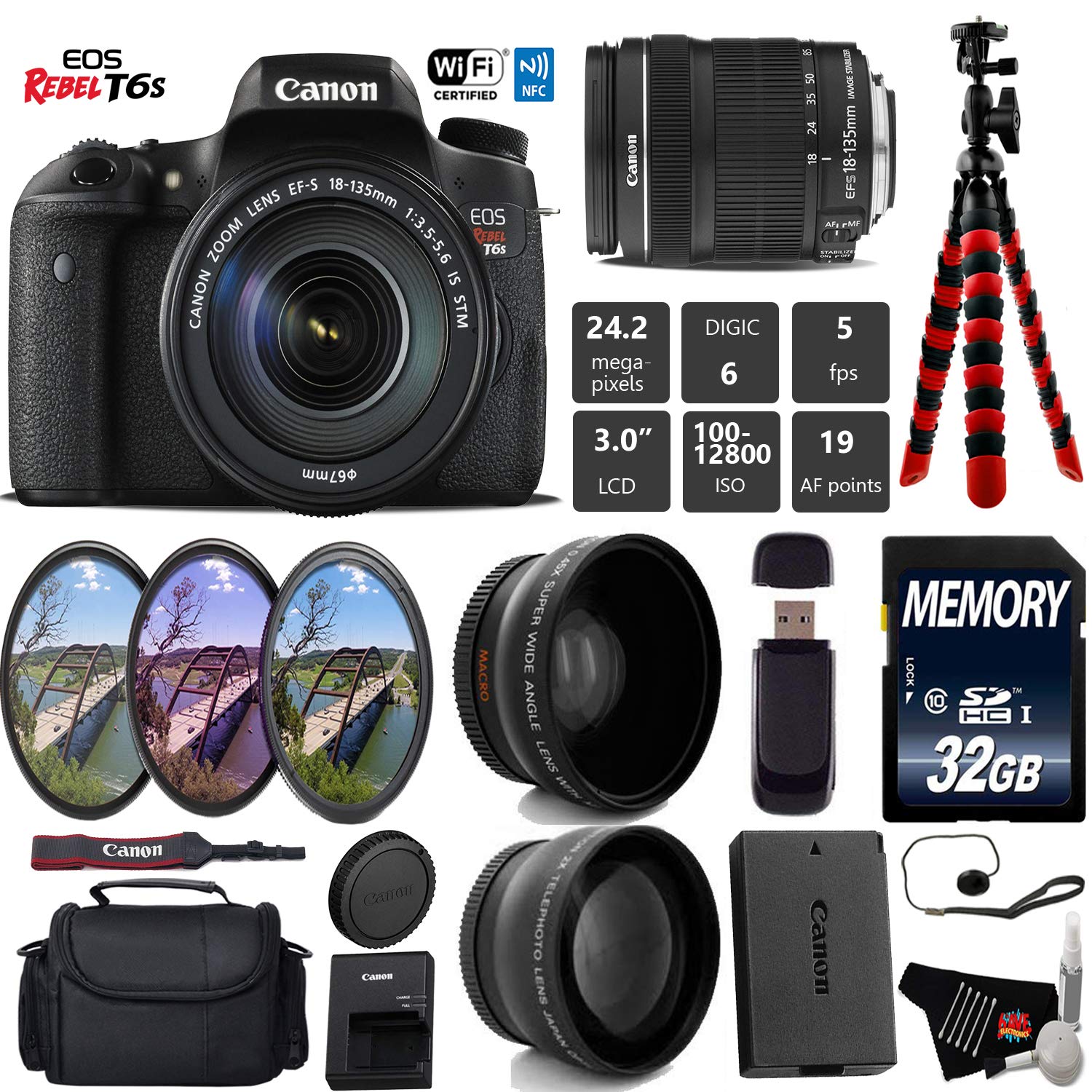 Canon EOS Rebel T6S DSLR Camera 18-135mm is STM Lens + UV FLD CPL Filter Kit + Wide Angle & Telephoto Lens + Camera Case Starter Bundle