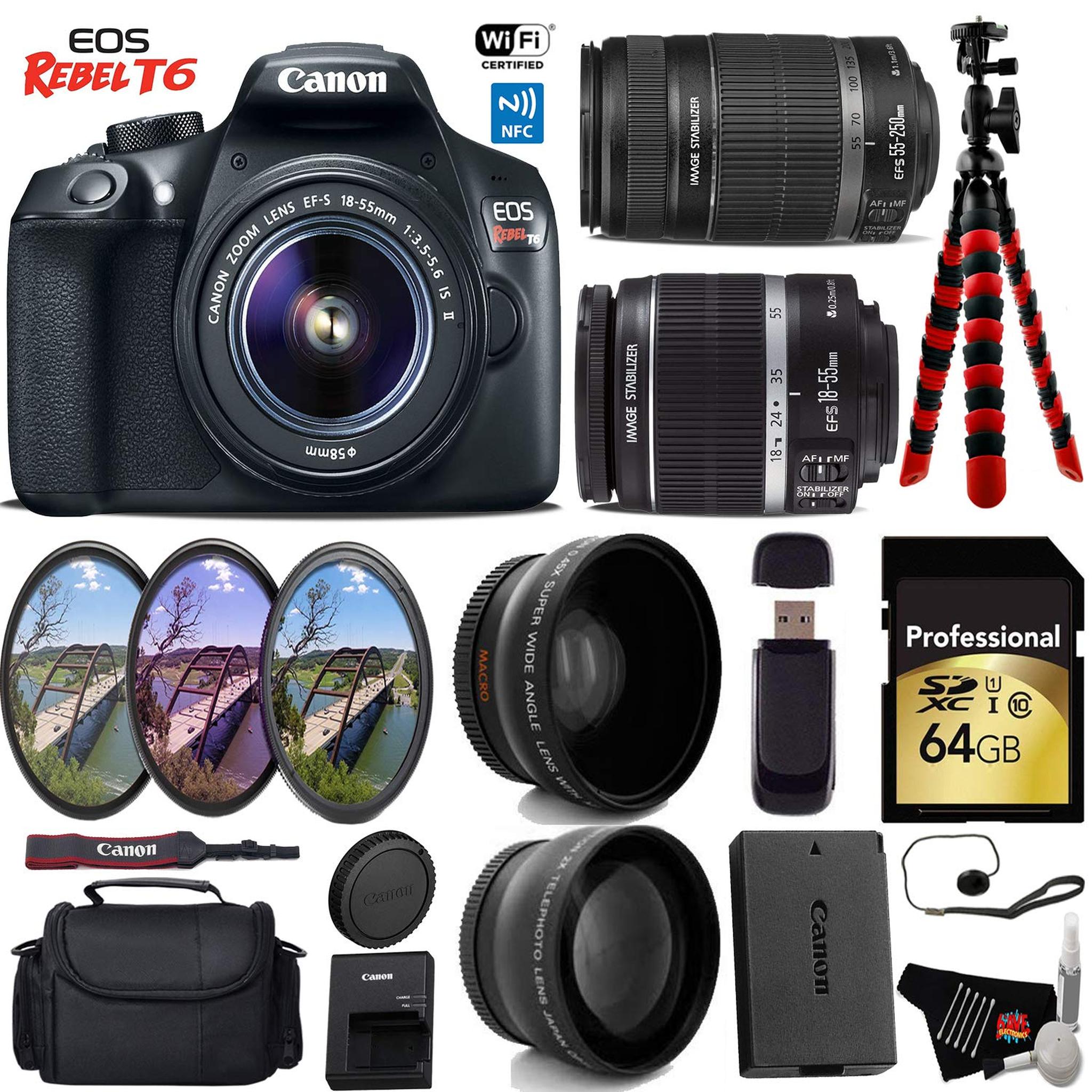 Canon EOS Rebel T6 DSLR Camera with 18-55mm is Lens & 55-250mm is II Lens + UV FLD CPL Filter Kit + Wide Angle & Telepho Canon