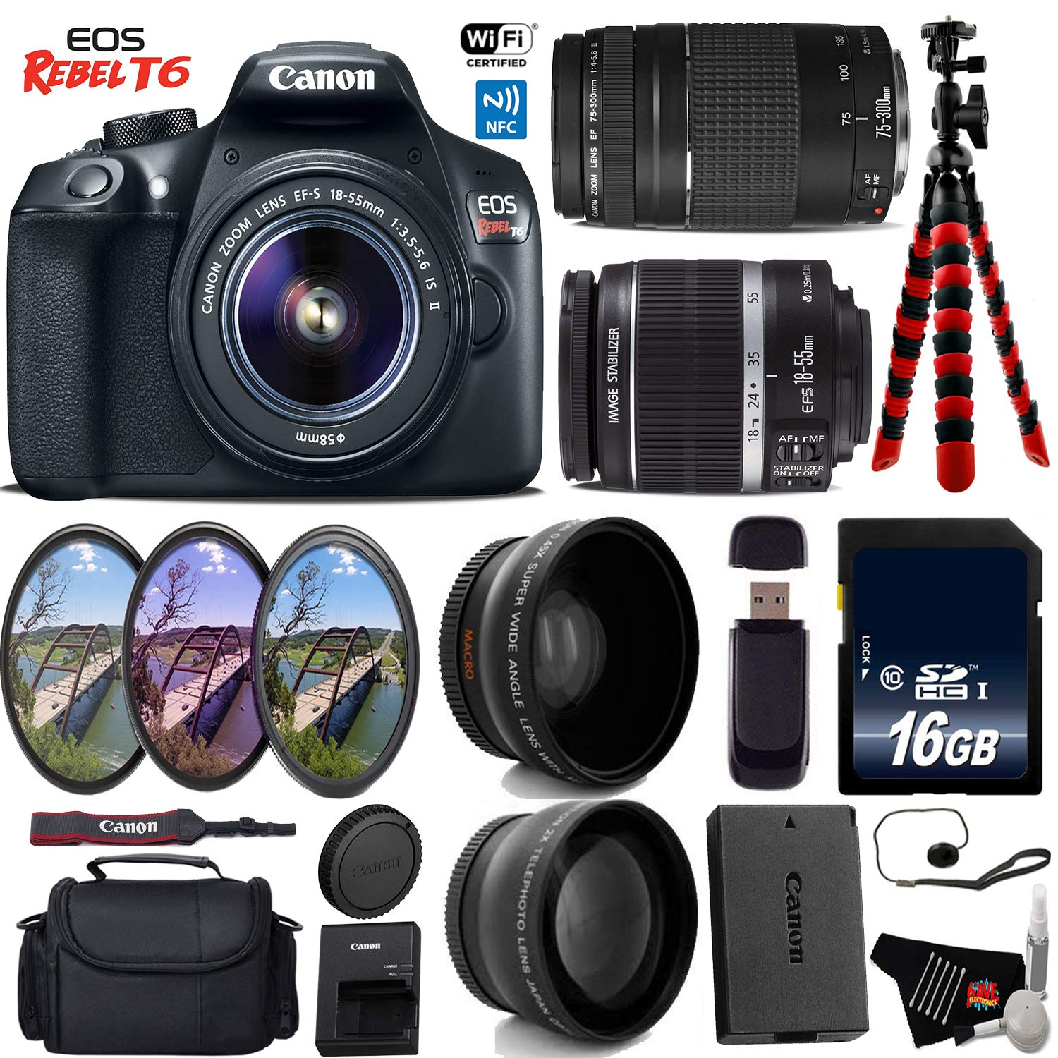 Canon EOS Rebel T6 DSLR Camera 18-55mm is II Lens & 75-300mm III Lens + UV FLD CPL Filter Kit + Wide Angle & Telephoto L