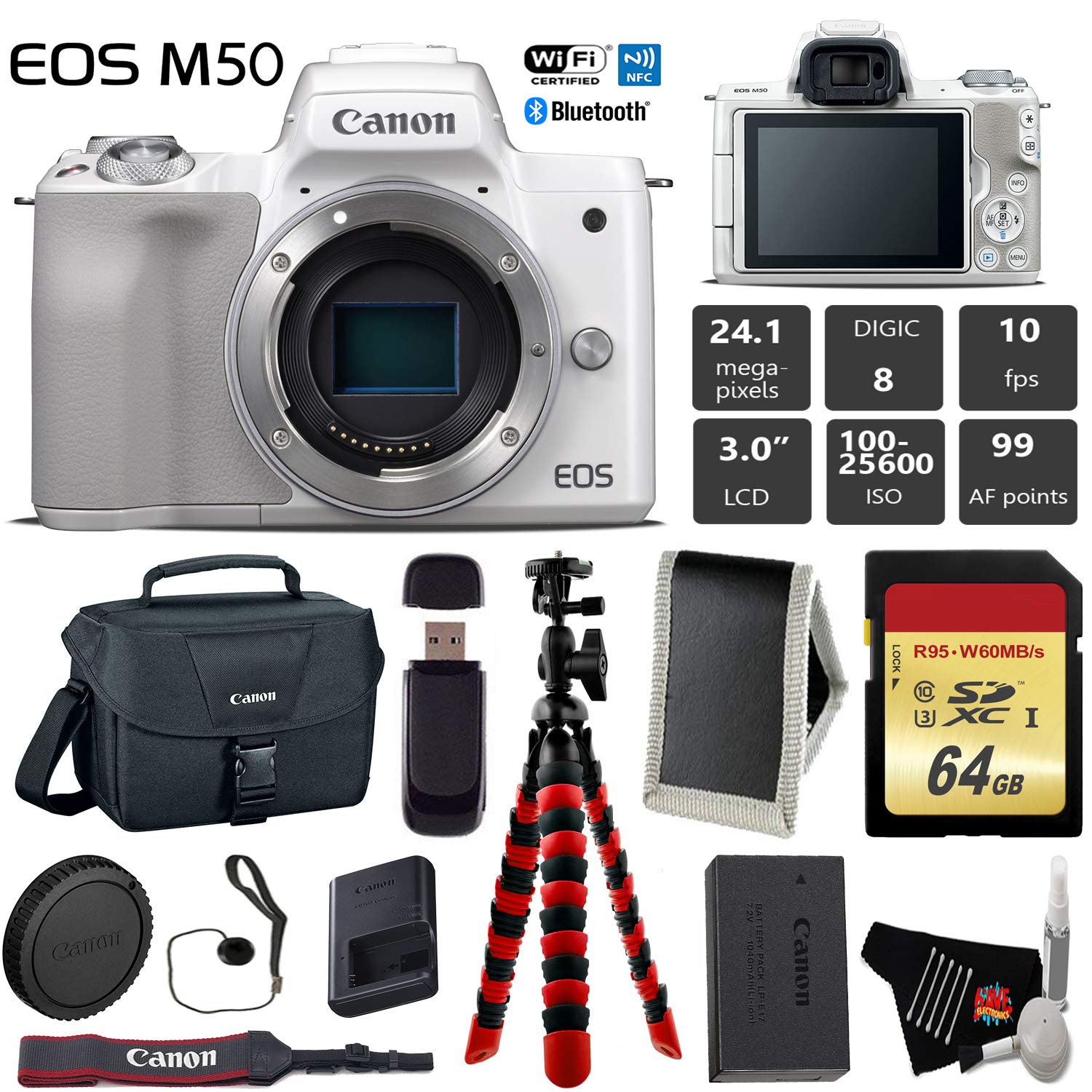 Canon EOS M50 Mirrorless Digital Camera White, Body Only + 64GB Class 10 Memory Card + Canon Camera Case + Flexible Tr