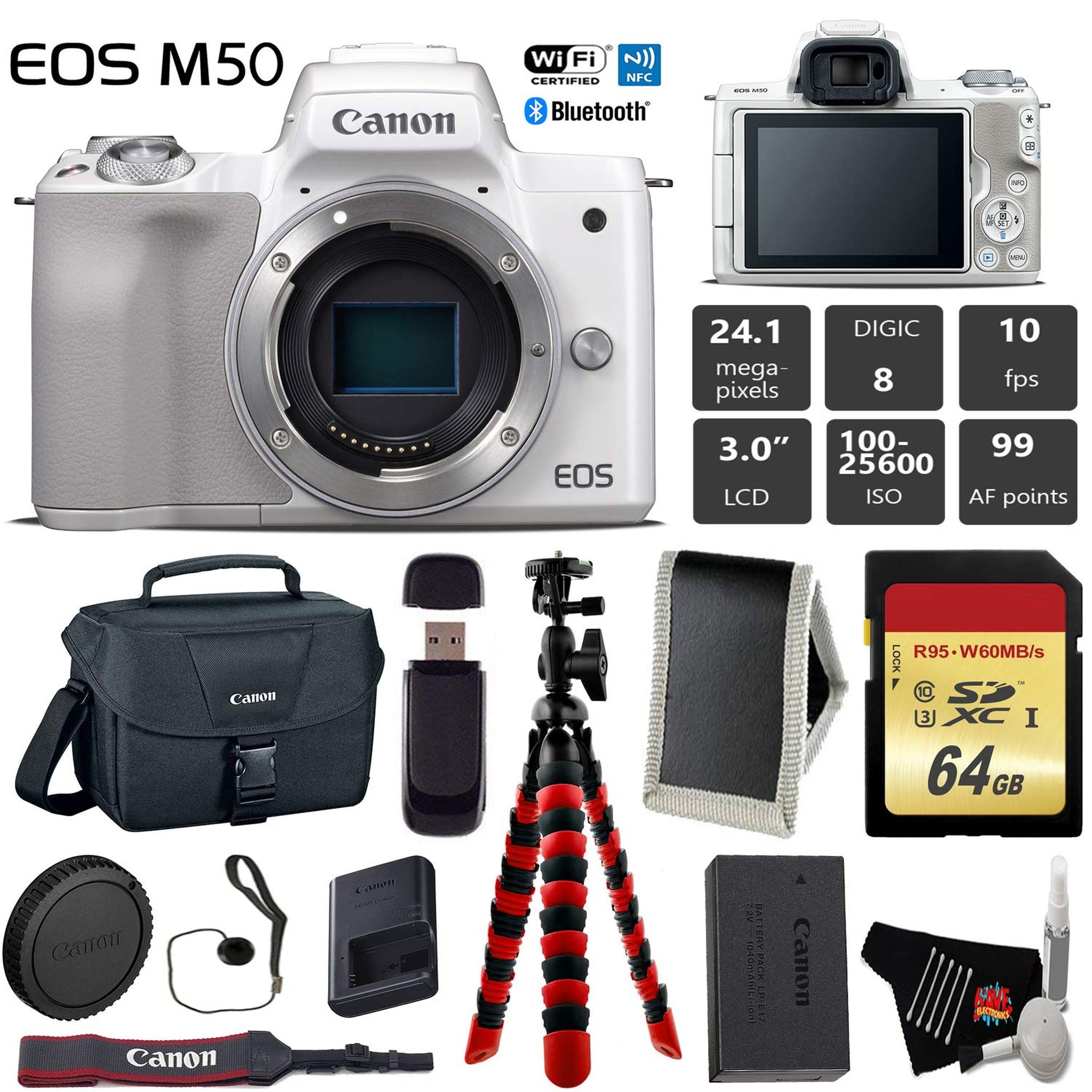 Canon EOS M50 Mirrorless Digital Camera White, Body Only + 64GB Class 10 Memory Card + Canon Camera Case + Flexible Tr