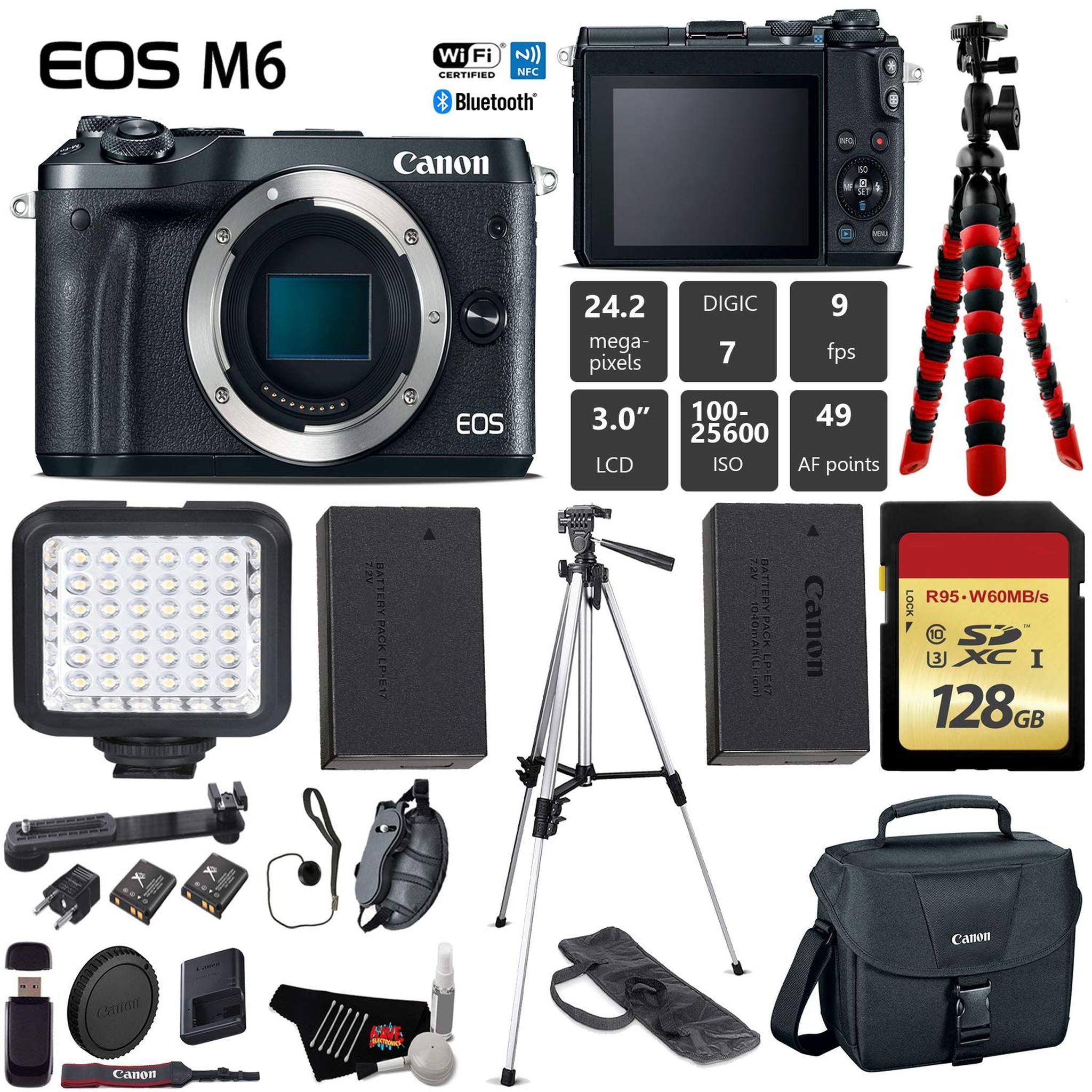 Canon EOS M6 Mirrorless Digital Camera Black, Body Only + 128GB Class 10 Memory Card + LED + Canon Camera Case + Flexi Canon